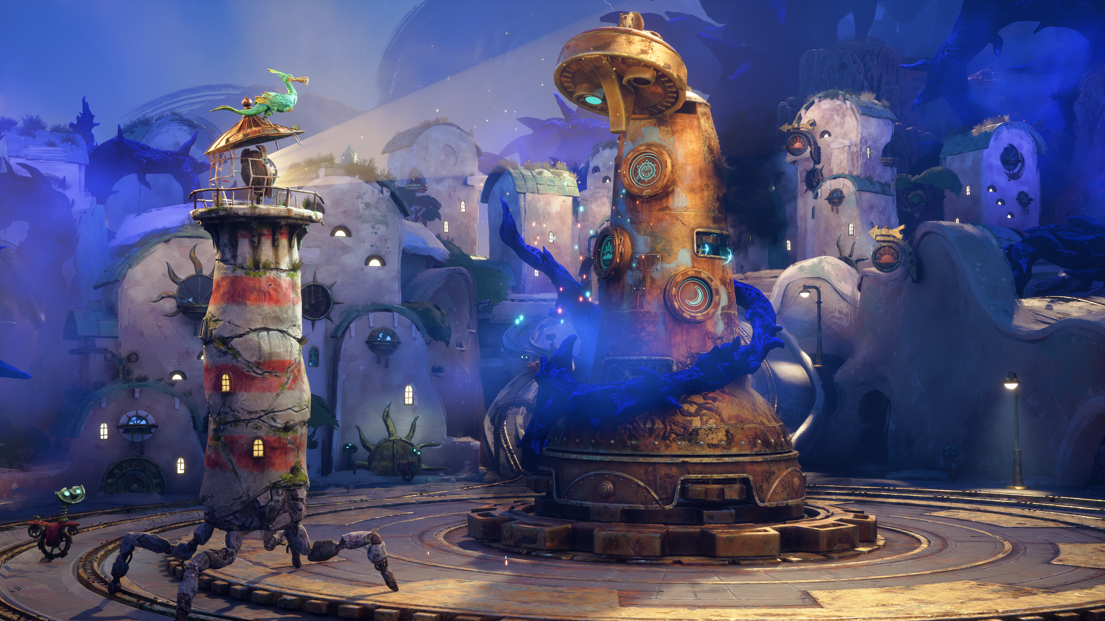 The lighthouse looking at a tower ensnared by a tendril in Keeper.