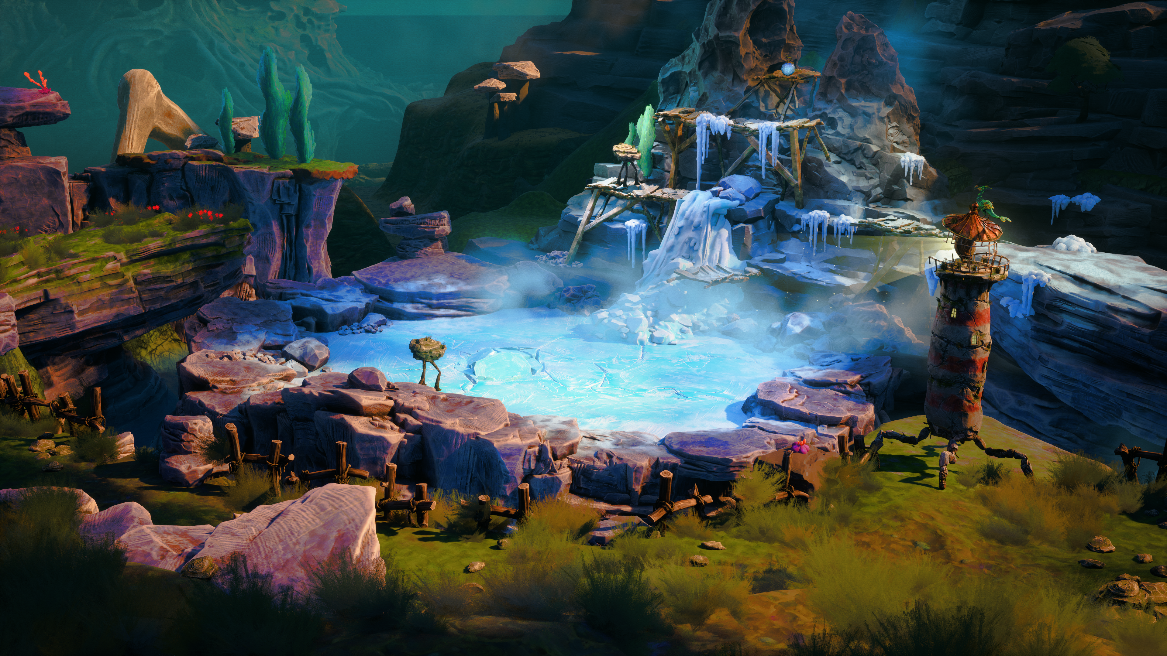 The lighthouse looking down at an icy pool in Keeper.