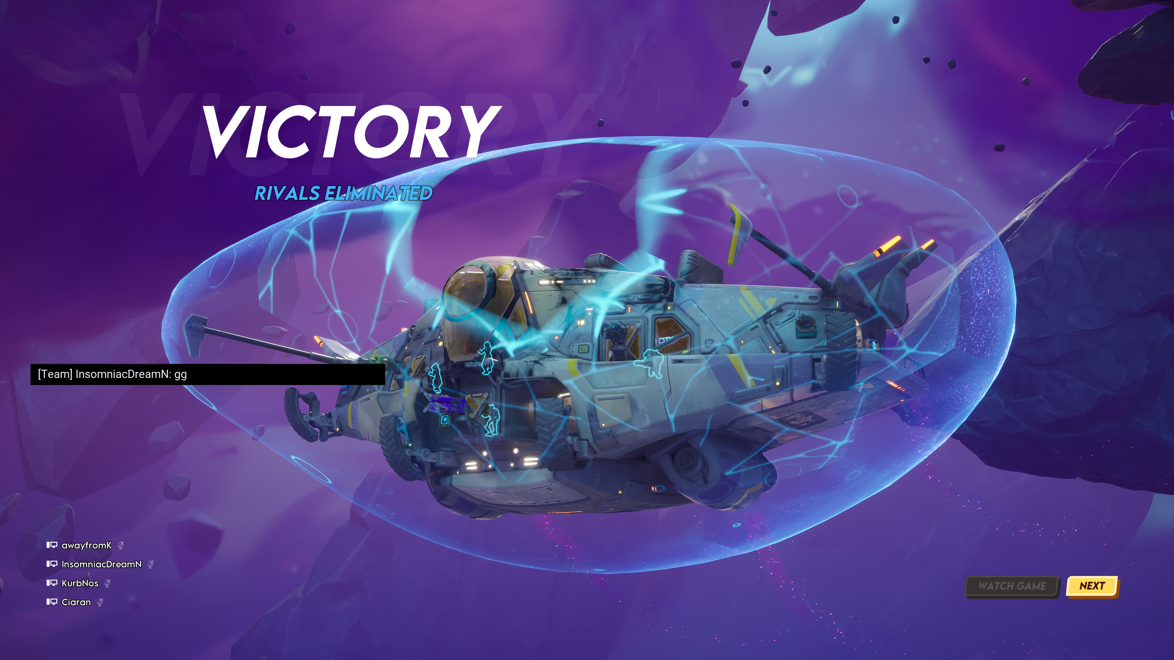 A victory screen in Wildgate with a ship and a slightly cracked shield surrounding it while it flies through space