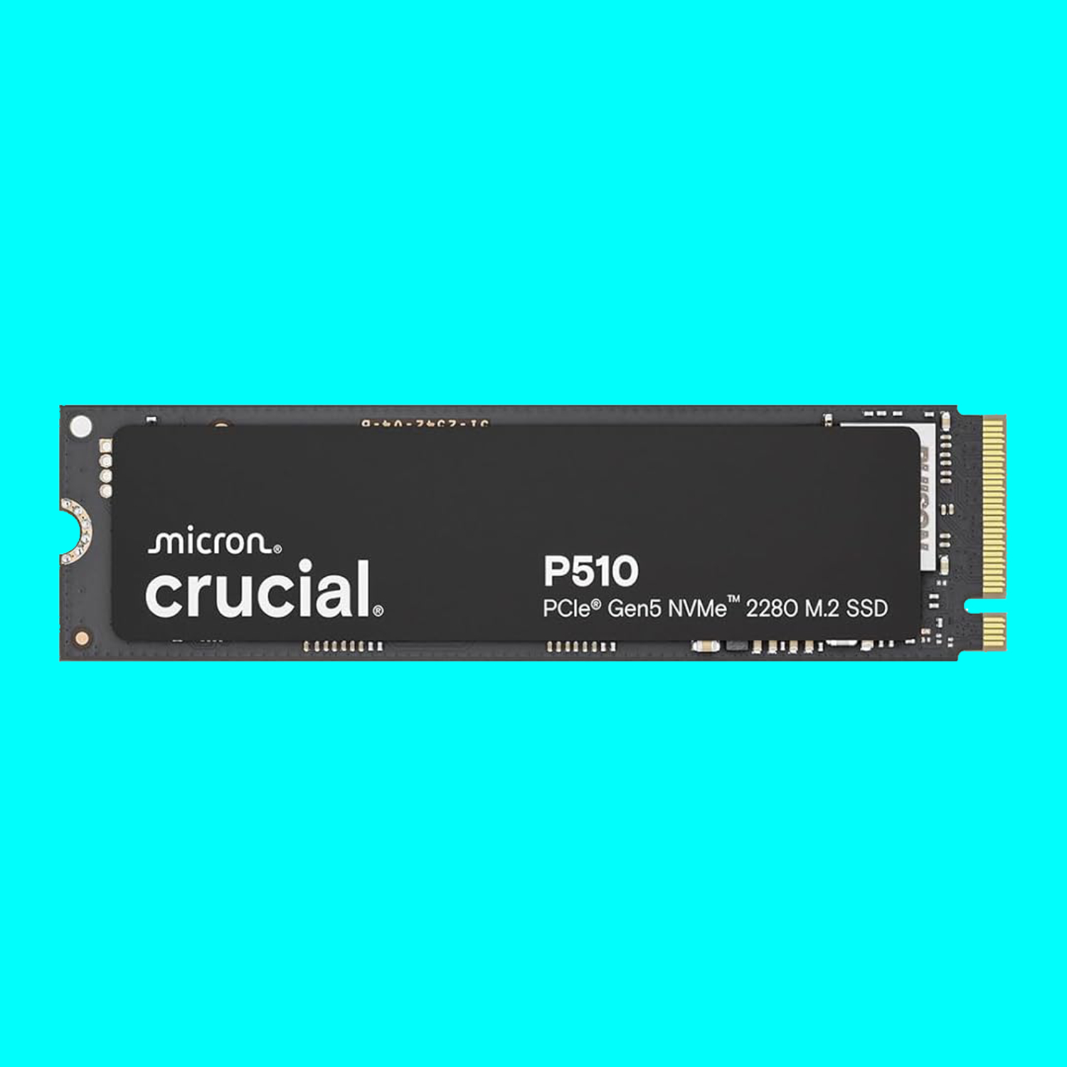 A Crucial P510 Gen 5 NVMe drive on a light blue background