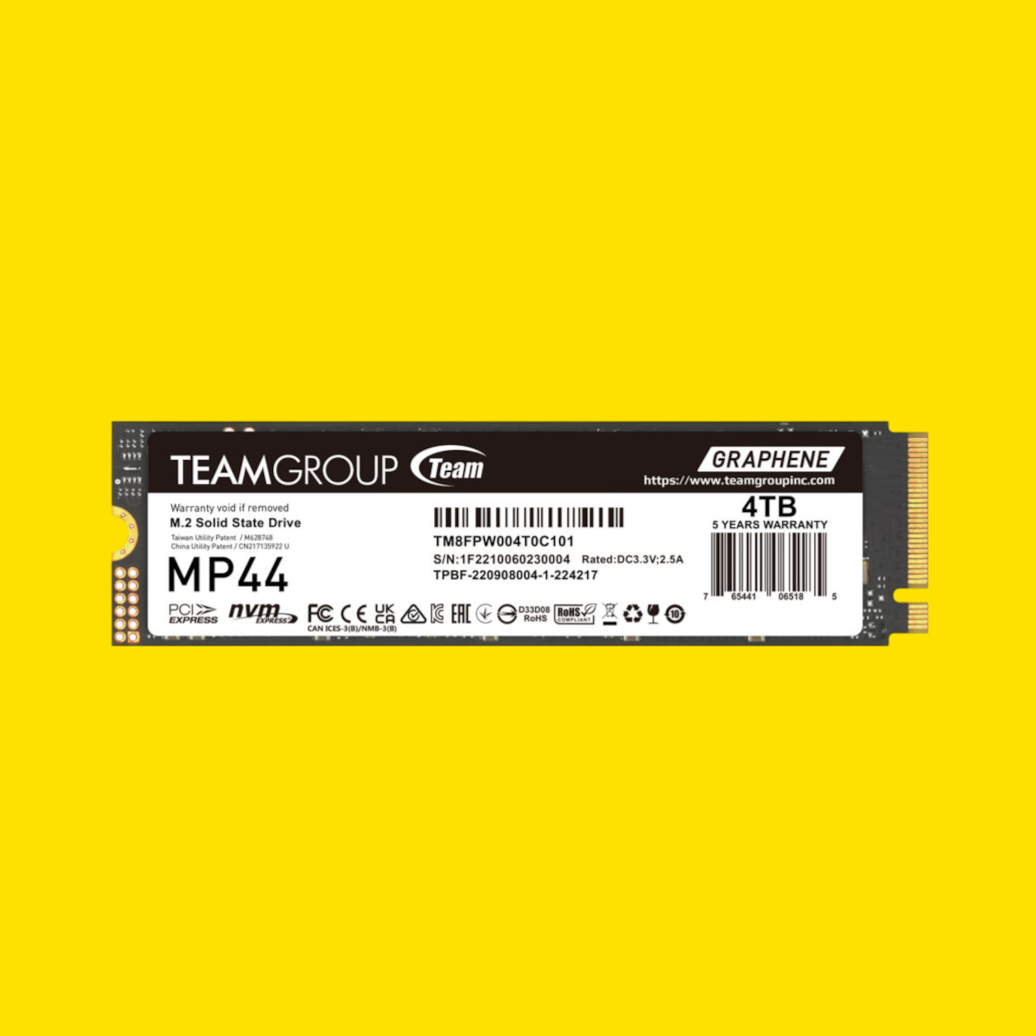 An image of a Team Group MP44 SSD against a yellow background