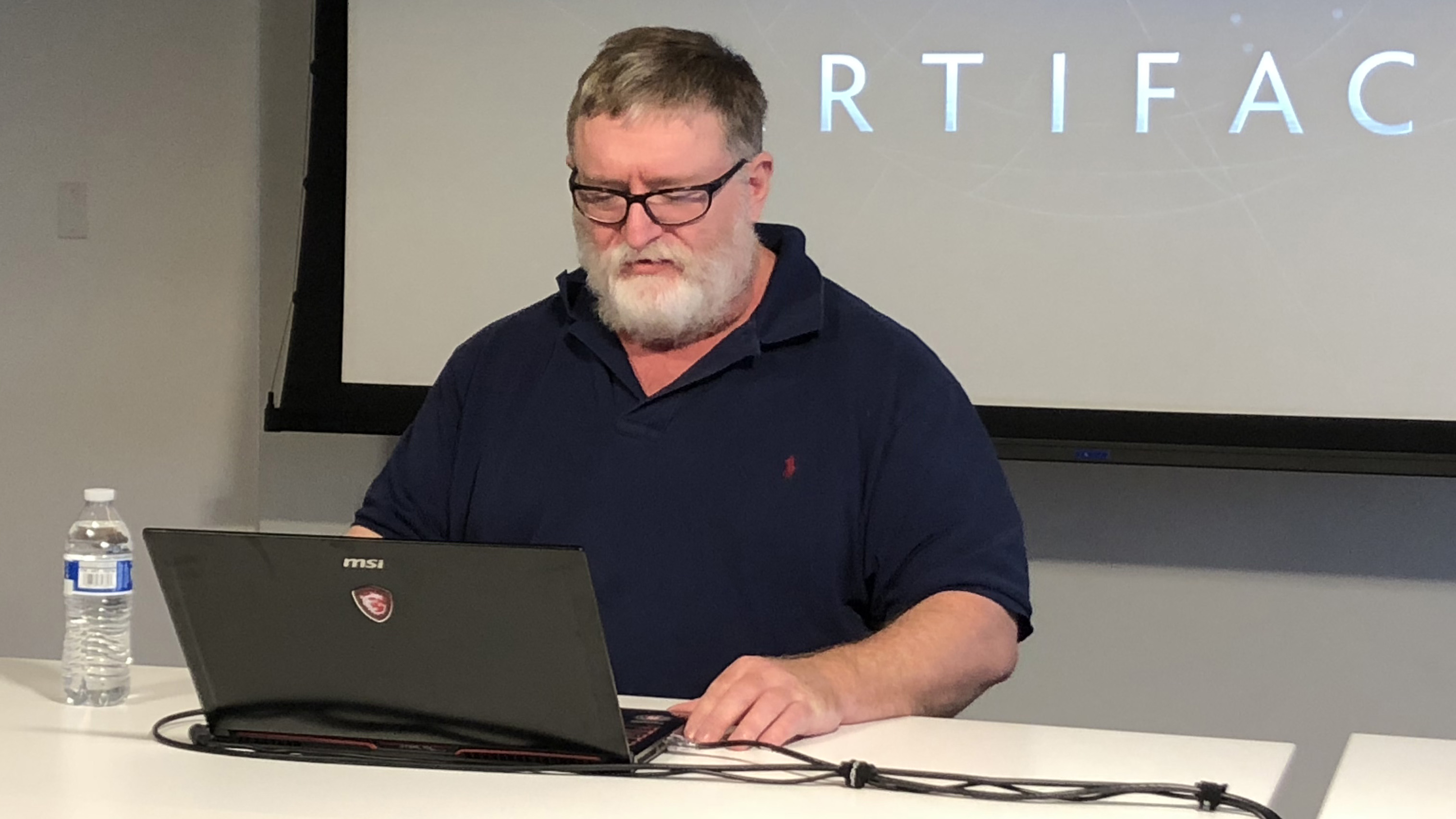 Gabe Newell on an MSI laptop.