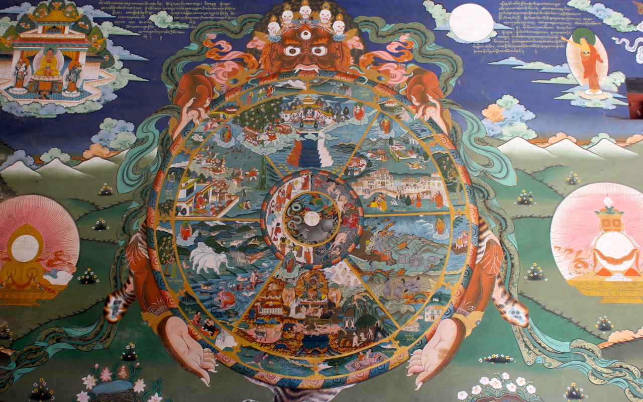 The wheel of Samsara depicted in art.