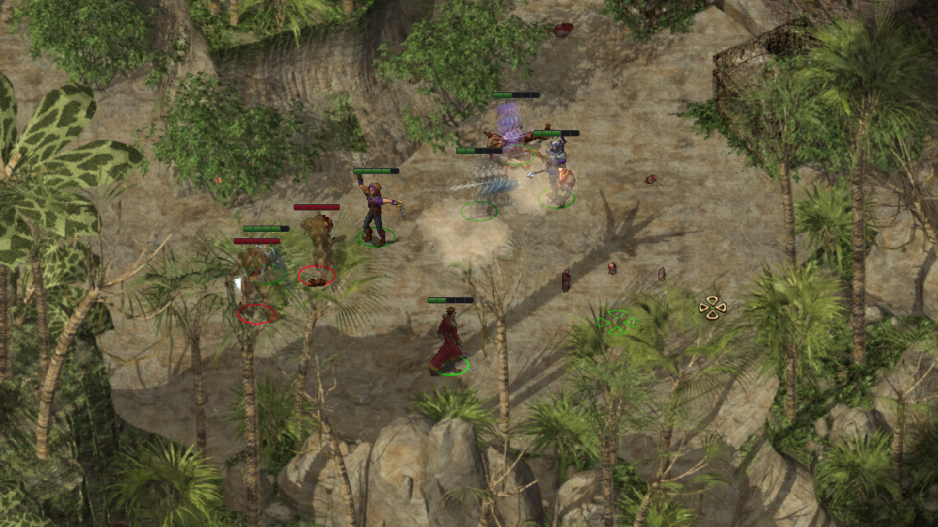 A battle in a tropical setting in Baldur's Gate 2.