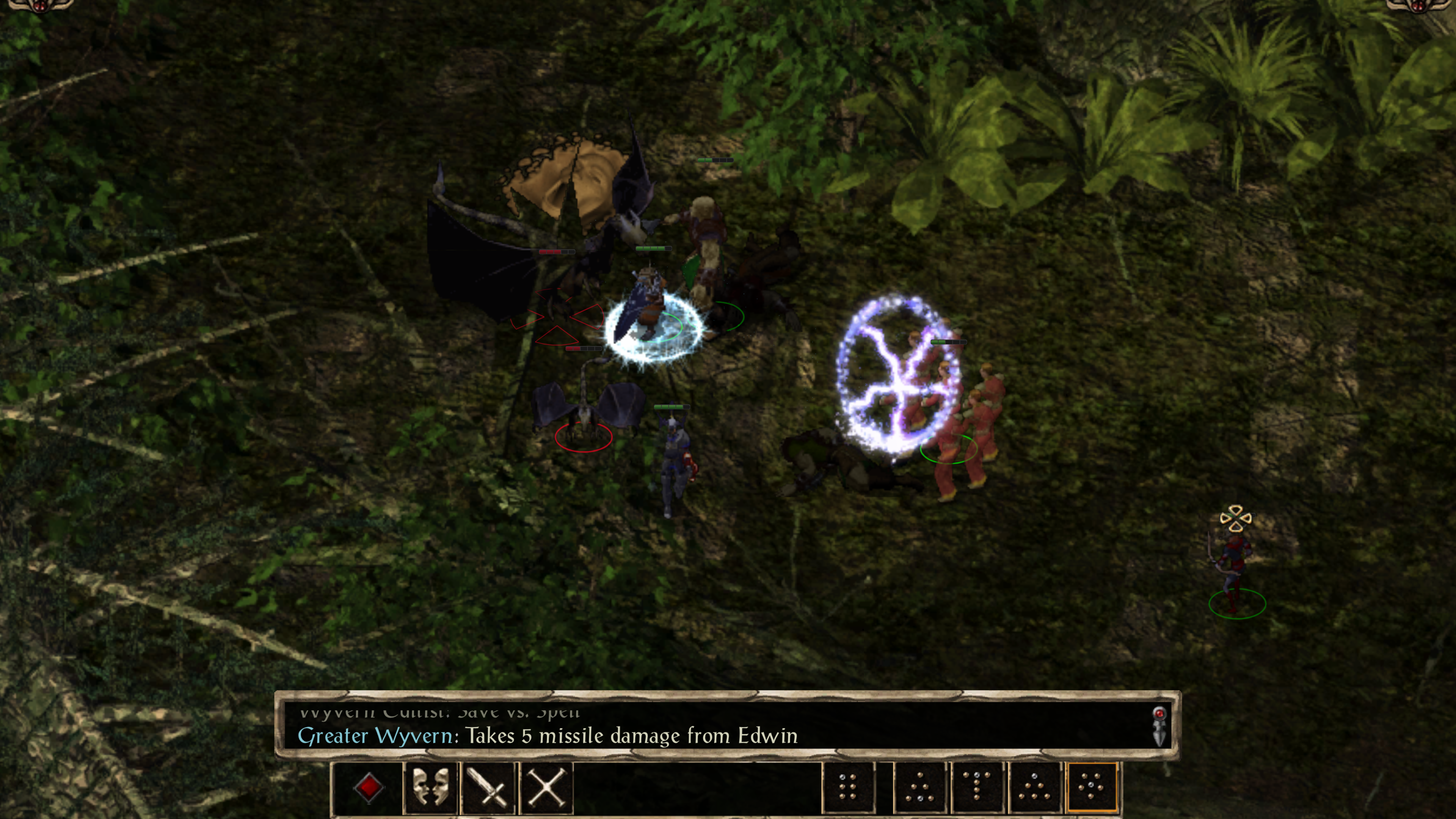 A spell being cast during a battle in Baldur's Gate 2.