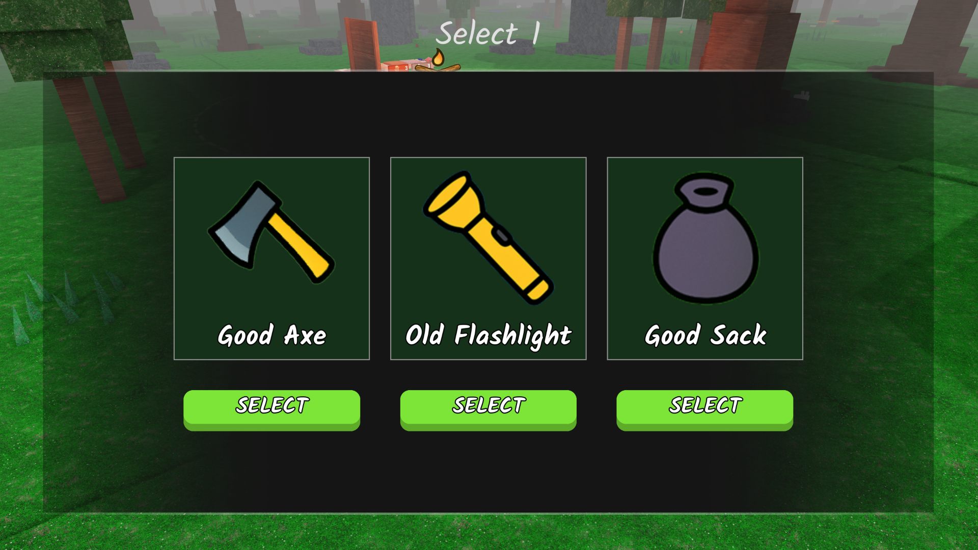Pelt Trader upgrades available on the first day for a Rabbit's Foot in 99 Nights in the Forest. This shows three options: Good Axe, Old Flashlight, Good Sack.