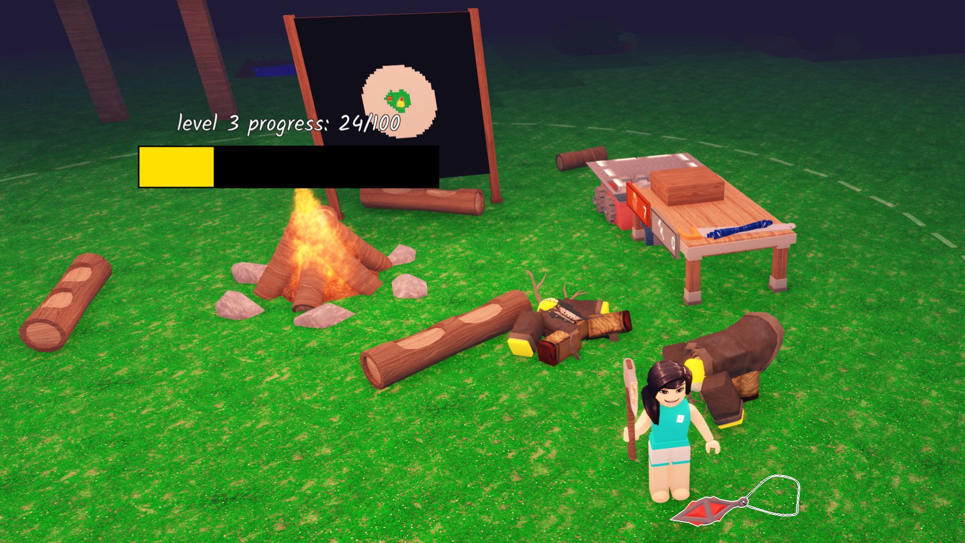 99 Nights in the Forest player with a map and upgraded bench just behind them.