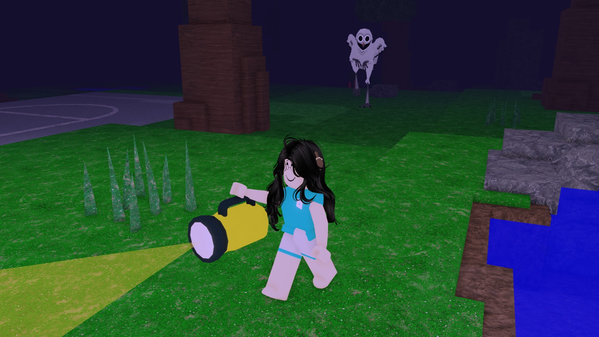 The Owl chasing a player in 99 Nights in the Forest. The player is running with a flashlight, while the owl lingers in the distance.