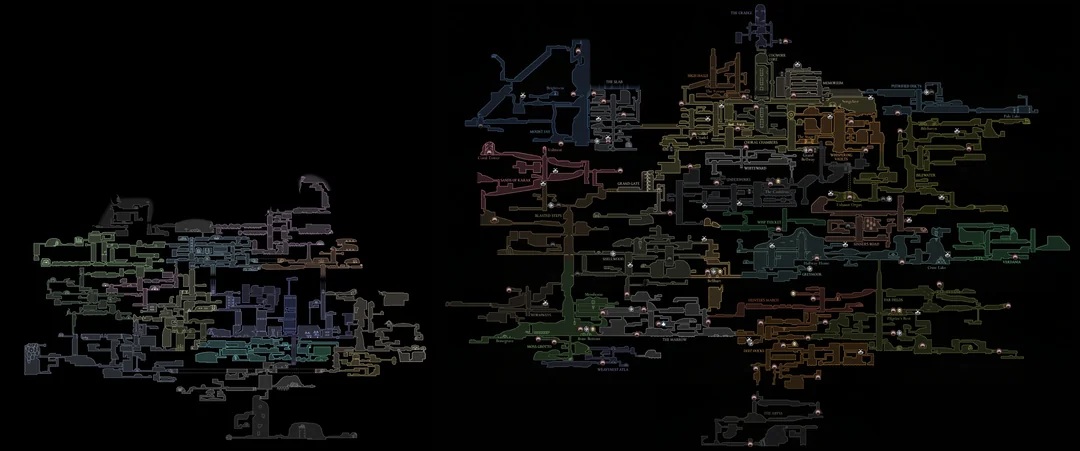 Size comparison of Hallownest and Pharloom showing Pharloom is nearly twice as big.