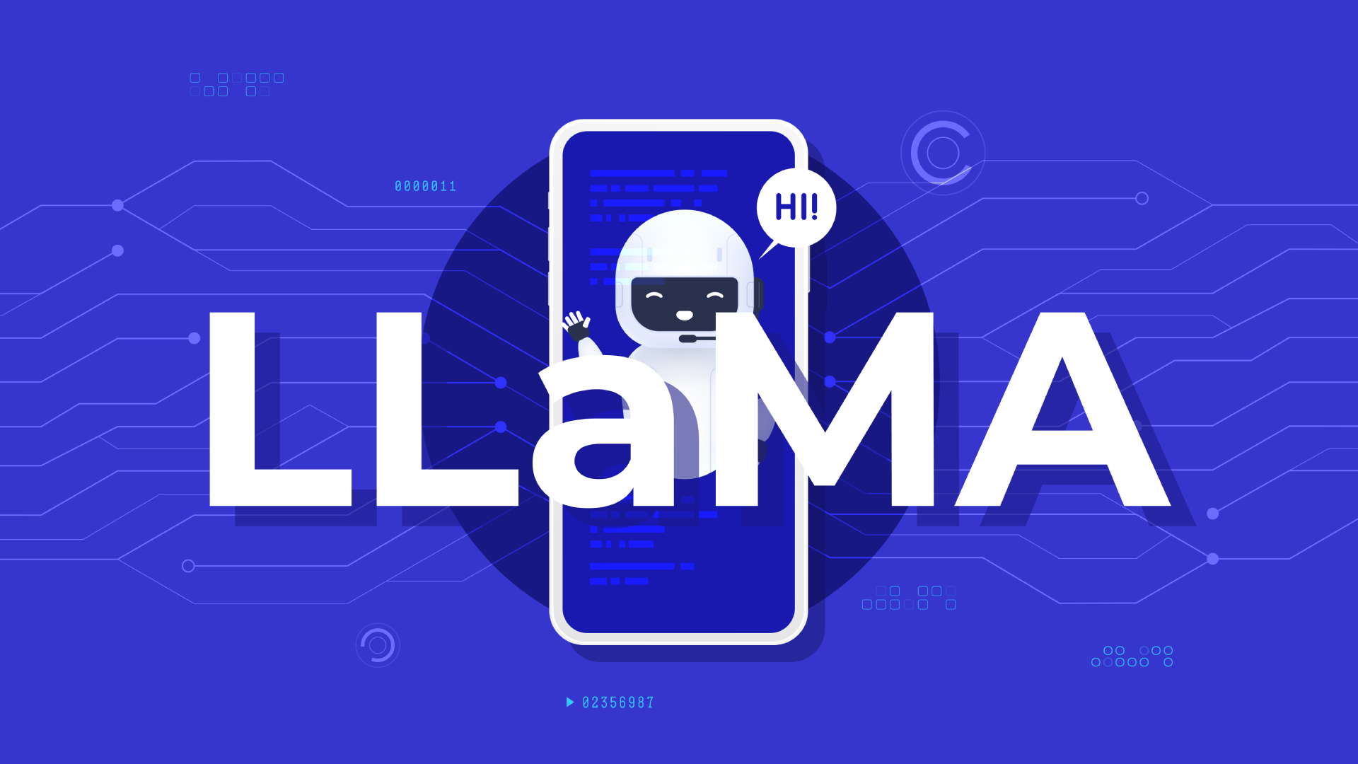 LLaMa chat bot artificial intelligence on smartphone screen. Digital technology themed banner vector illustration.