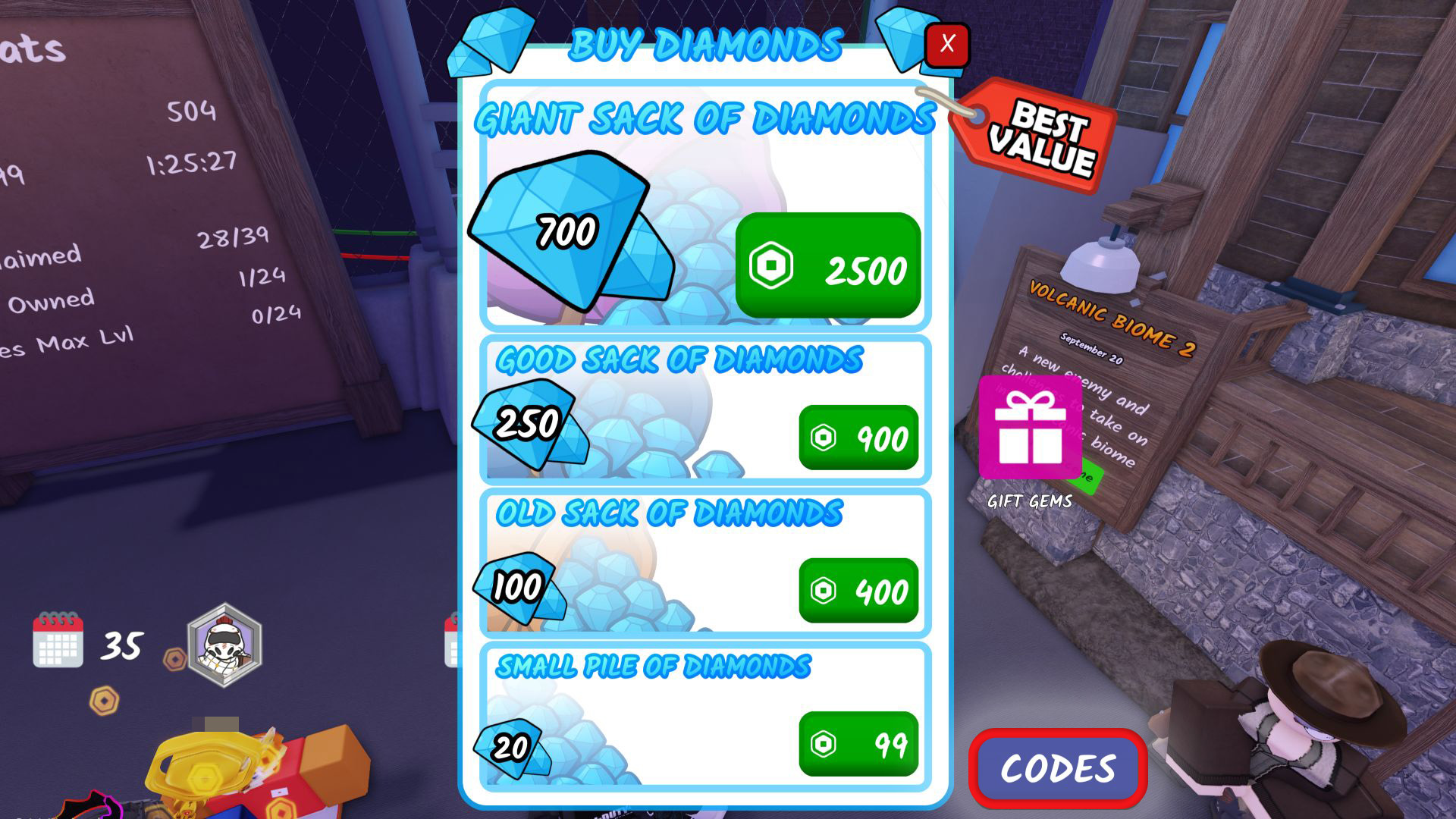 The 'buy diamonds' menu from 99 Nights in the Forest. The menu to buy diamonds with Robux takes up most of the menu, but there's a blue 'codes' button in the bottom-right side that is highlighted by an edit with a red box.