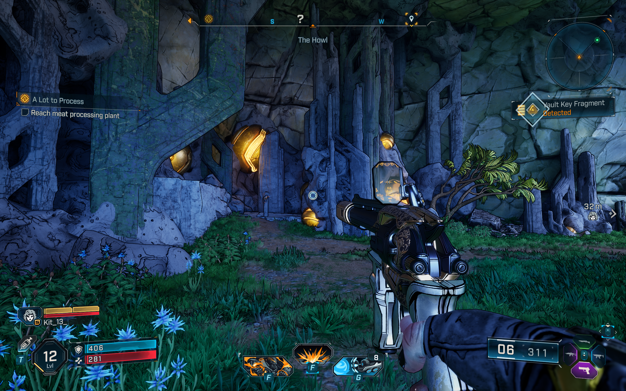 Borderlands 4 vault key fragment locations: A screenshot showing a key on a pedestal in a cave.