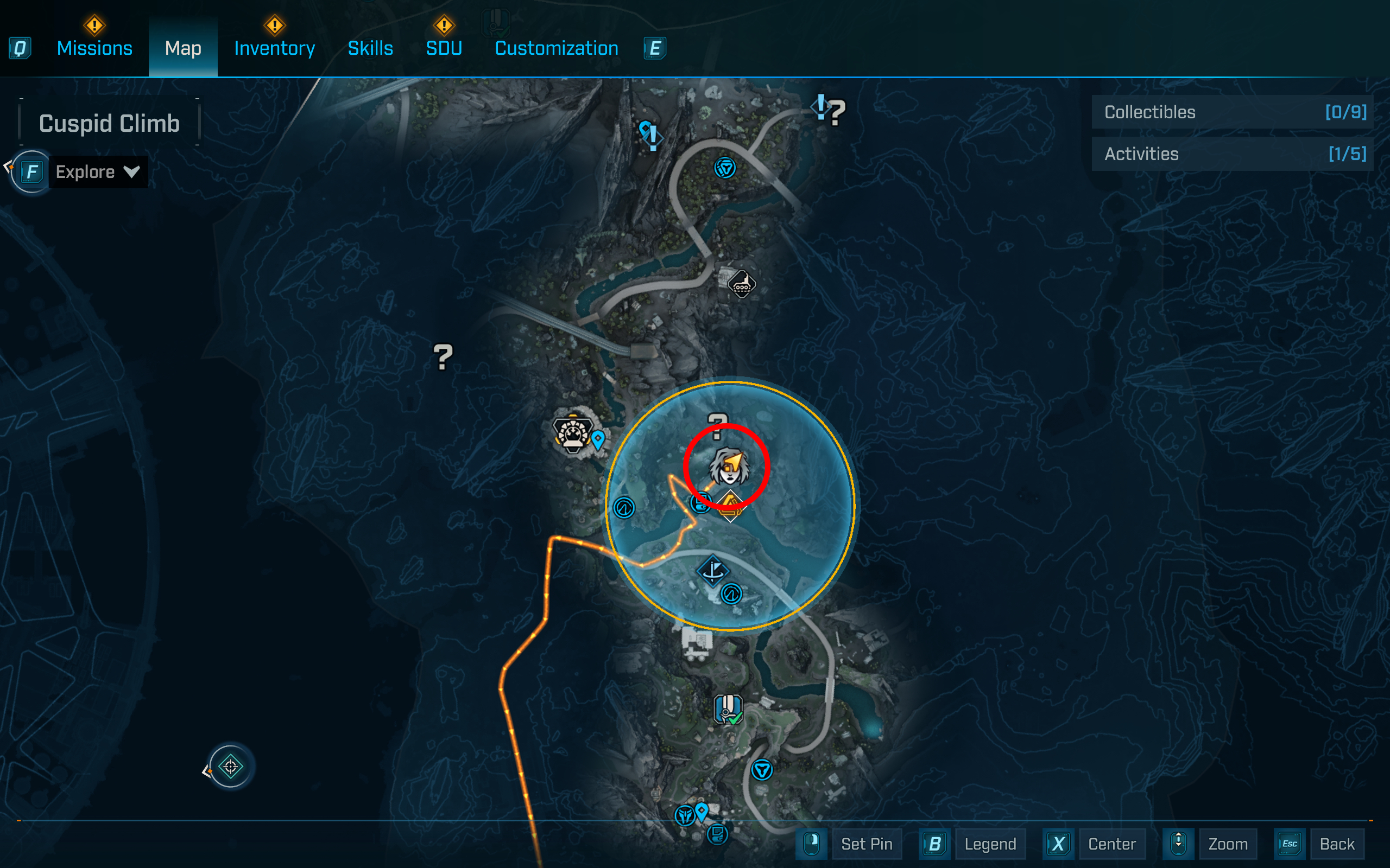 Borderlands 4 vault key fragment locations: A map with a red circle pointing out the vault fragment in the centre of Terminus Range.