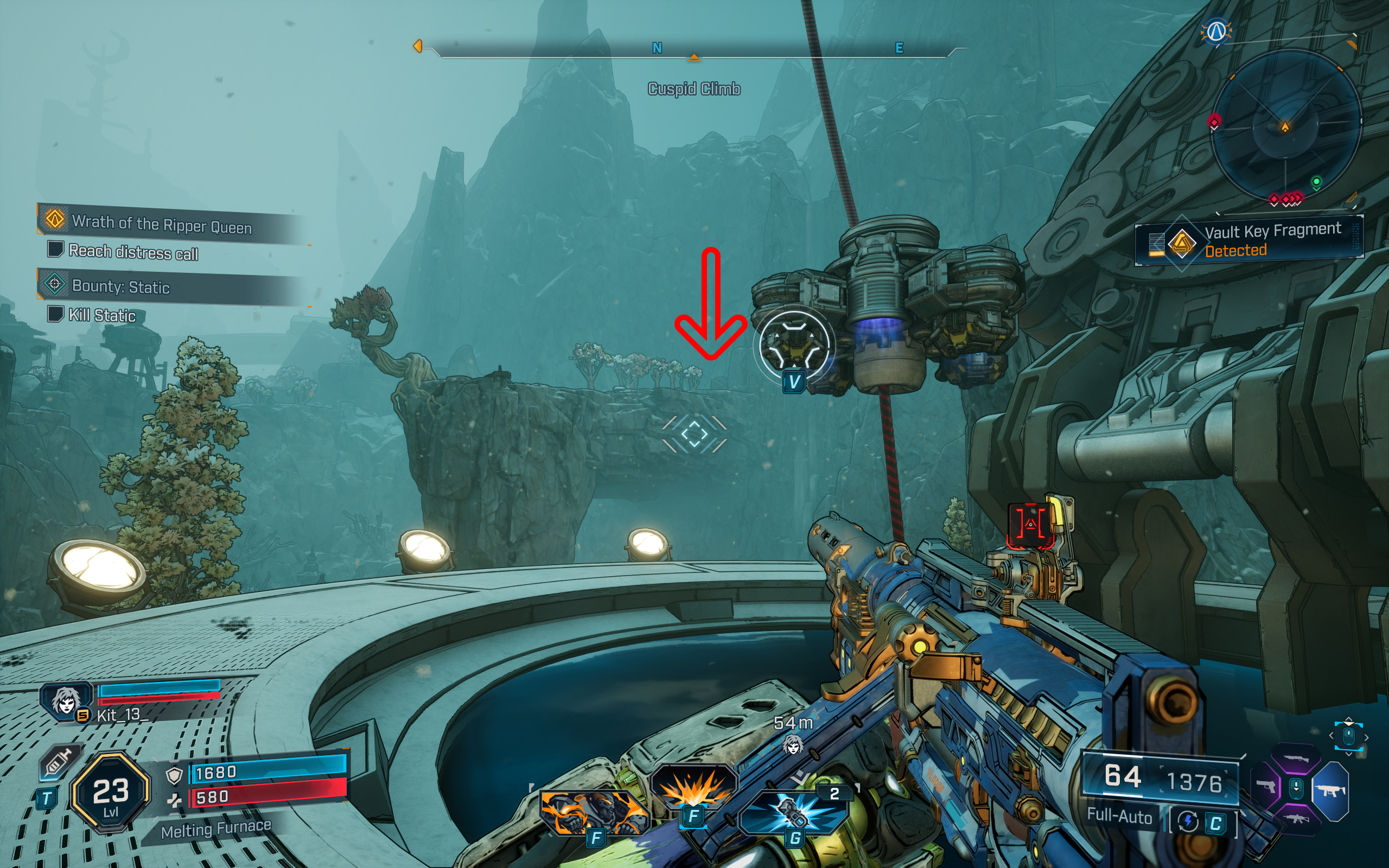 Borderlands 4 vault key fragment locations: A screenshot of a player looking at a rocky ledge in the distance, with a red arrow pointing the way.