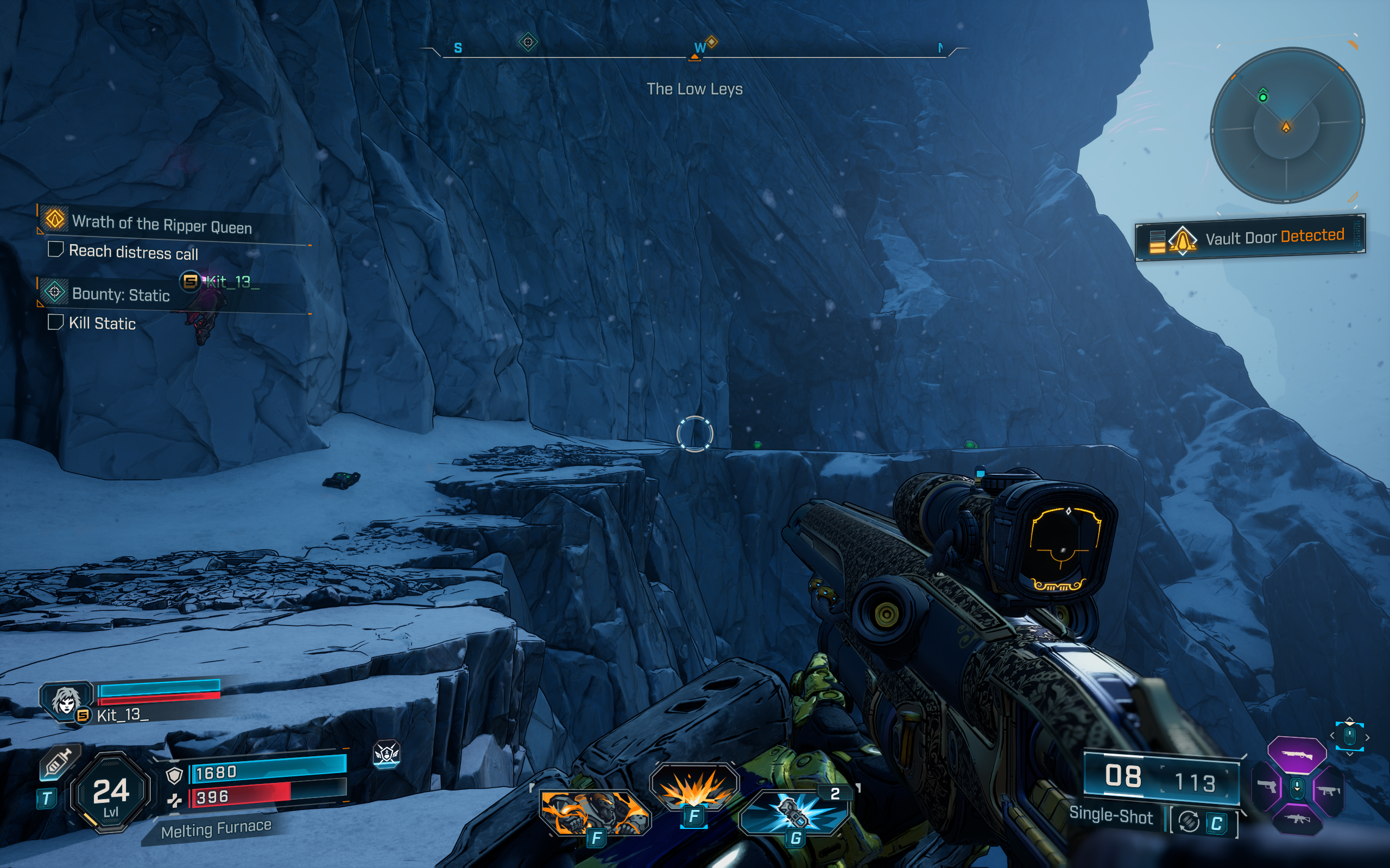 Borderlands 4 vault key fragment locations: A screenshot showing a cave entrance along a rocky ledge in a snowy environment.