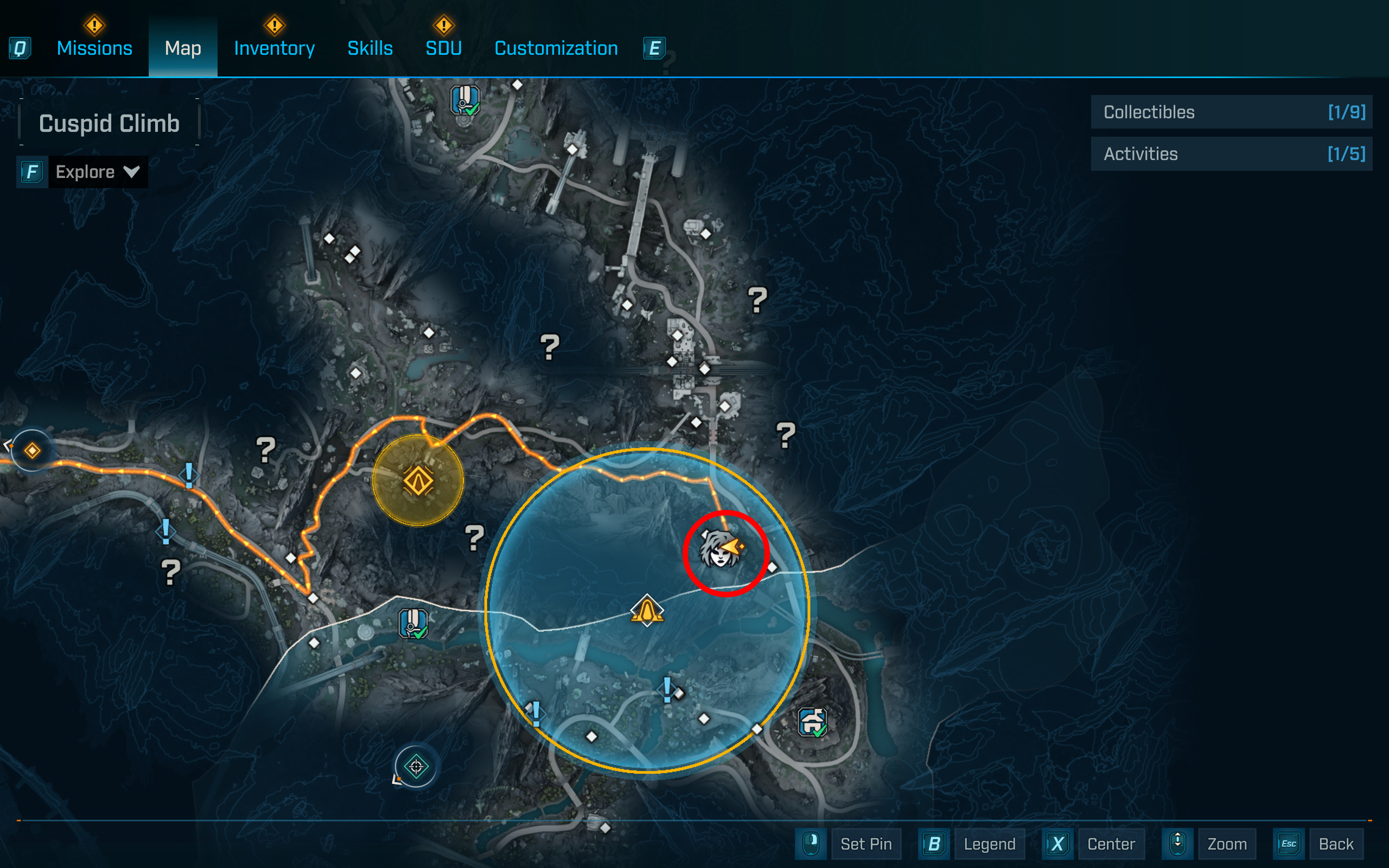 Borderlands 4 vault key fragment locations: A map with a red circle highlighting the location of the Terminus Range vault.