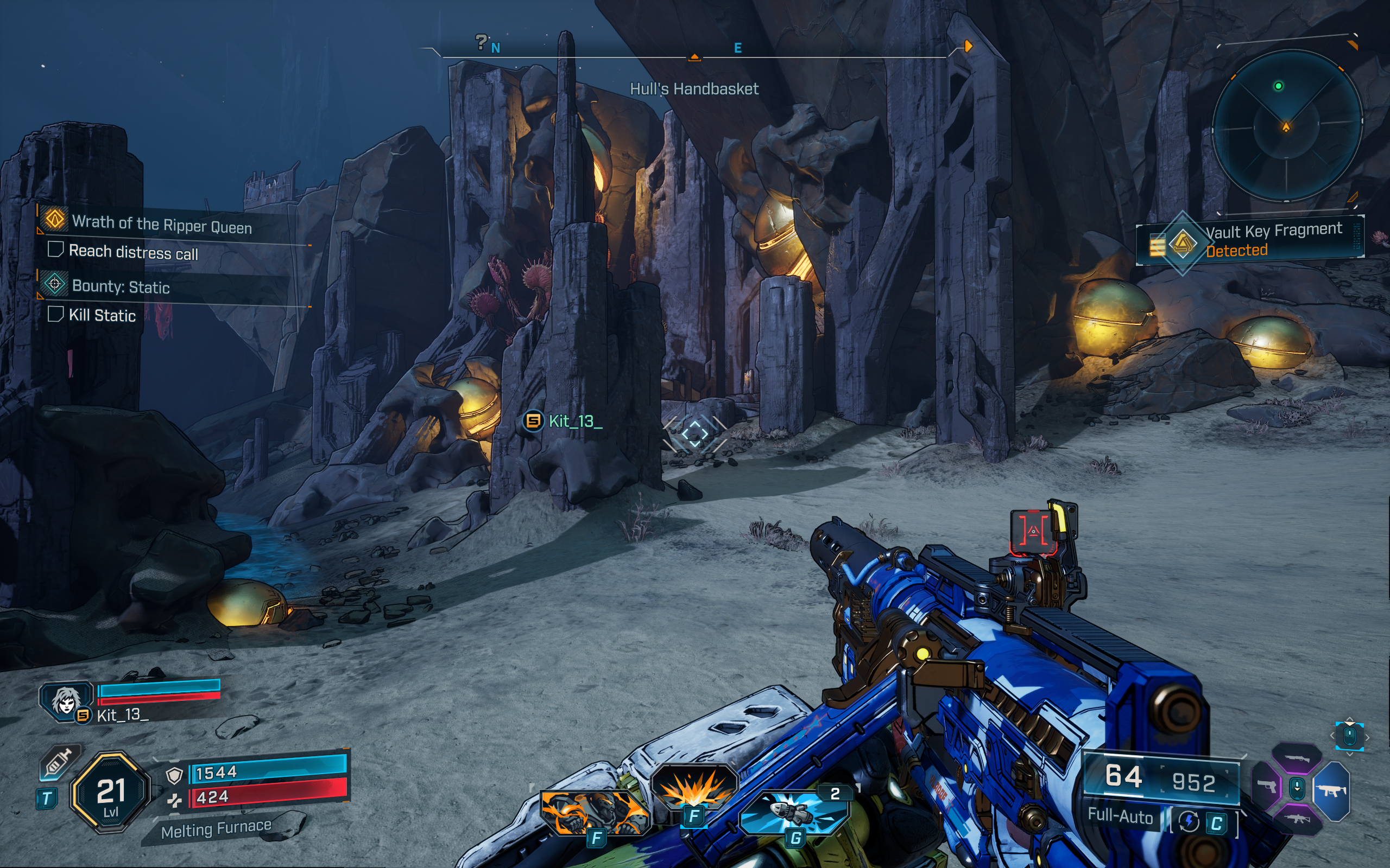 Borderlands 4 vault key fragment locations: A screenshot displaying a fragment on a pedestal near the coast.