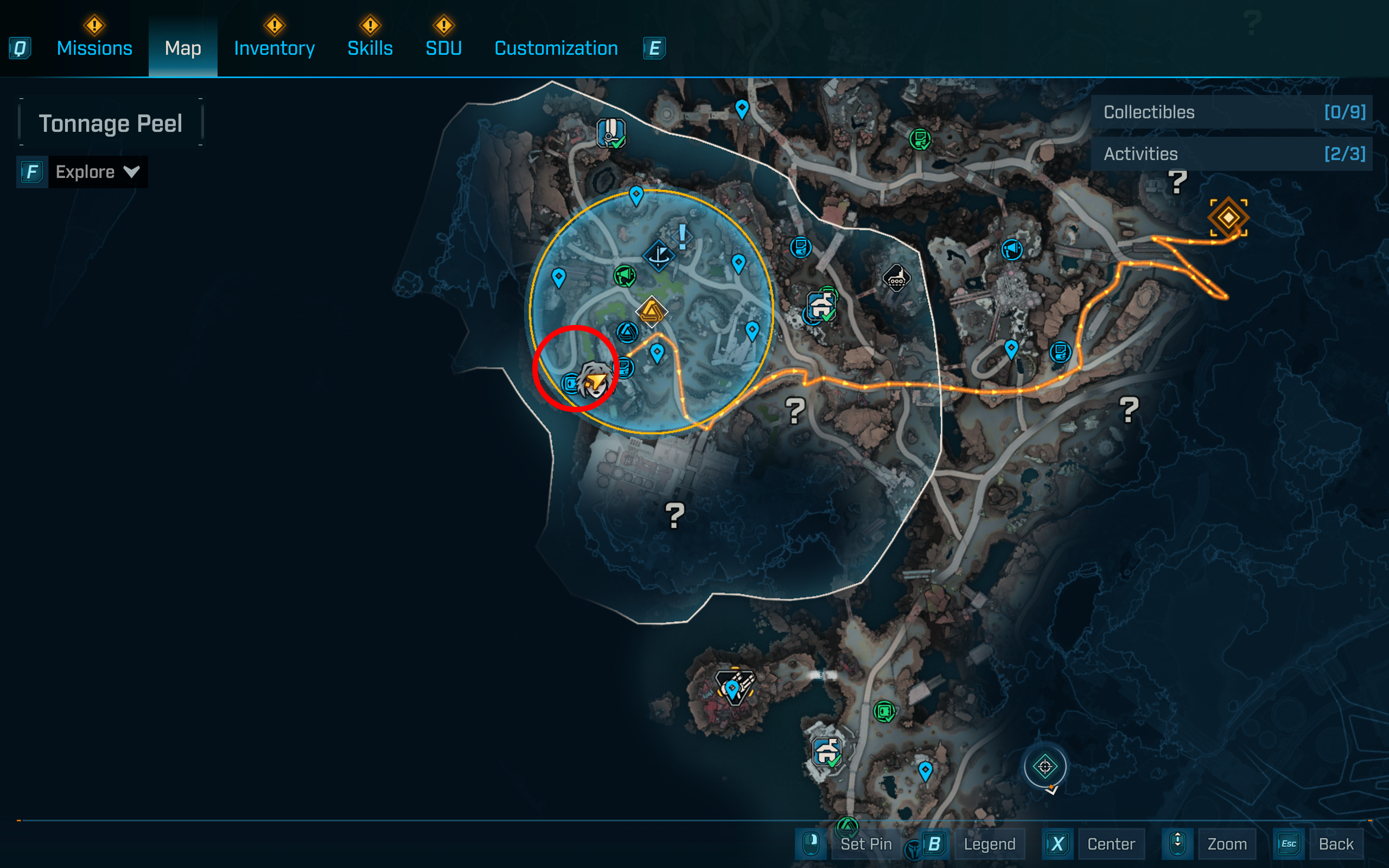 Borderlands 4 vault key fragment locations: A map with a red circle highlighting the in the west of Carcadia Burn, in the Tonnage Peel area.