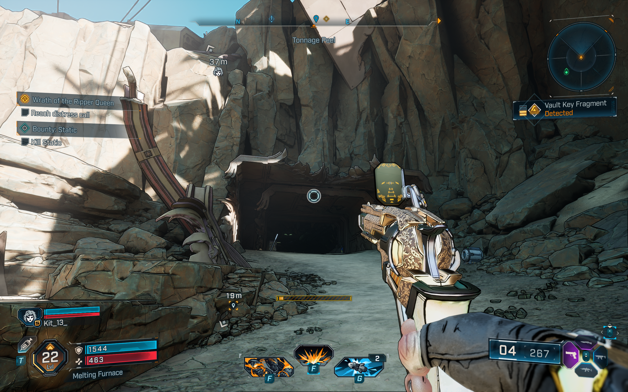 Borderlands 4 vault key fragment locations: A screenshot displaying a cave-like entrance in a cliff, made out of a crashed ship.