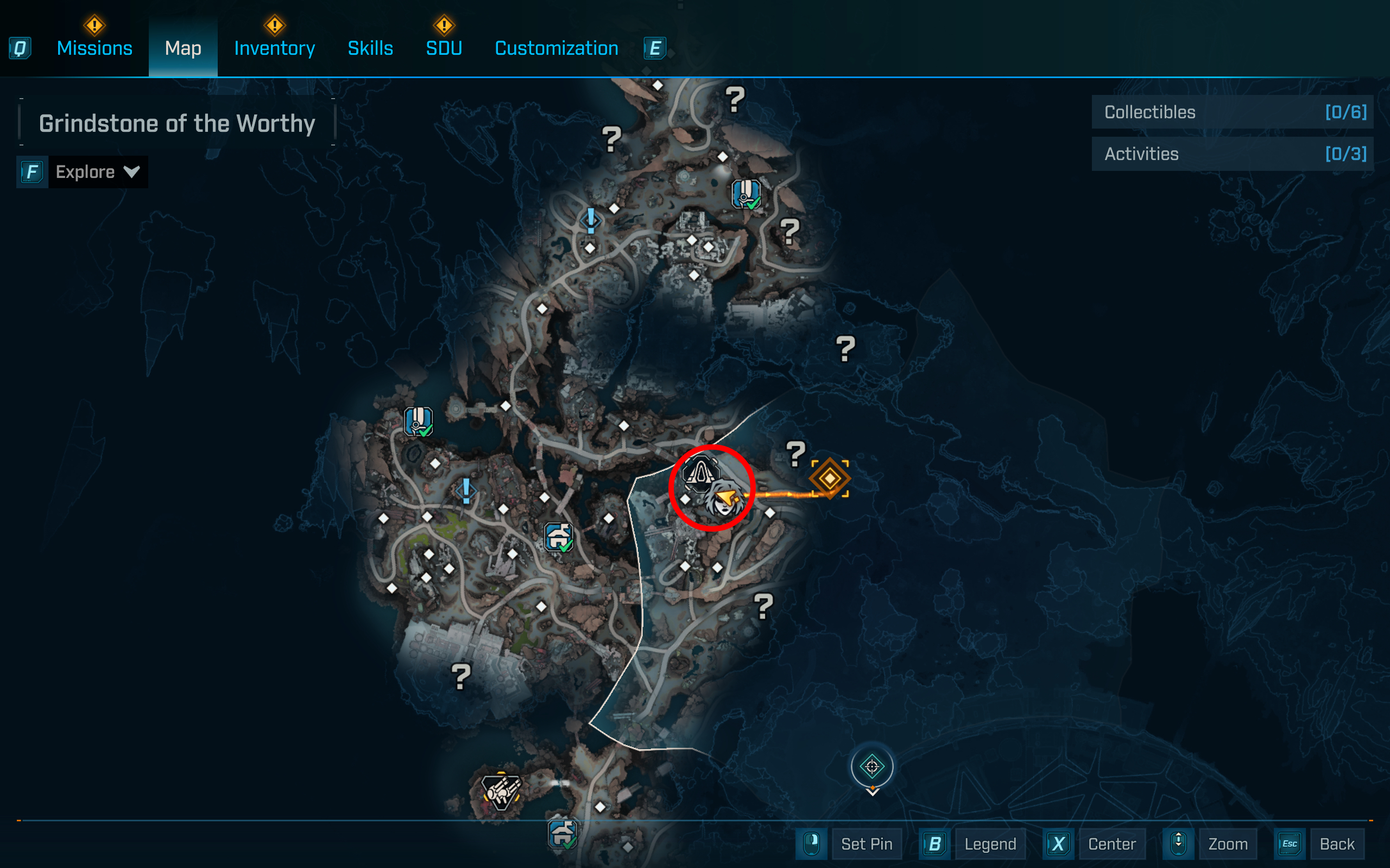 Borderlands 4 vault key fragment locations: A map with a red circle showing the vault location in the Grindstone of the Worthy, Carcadia Burn.