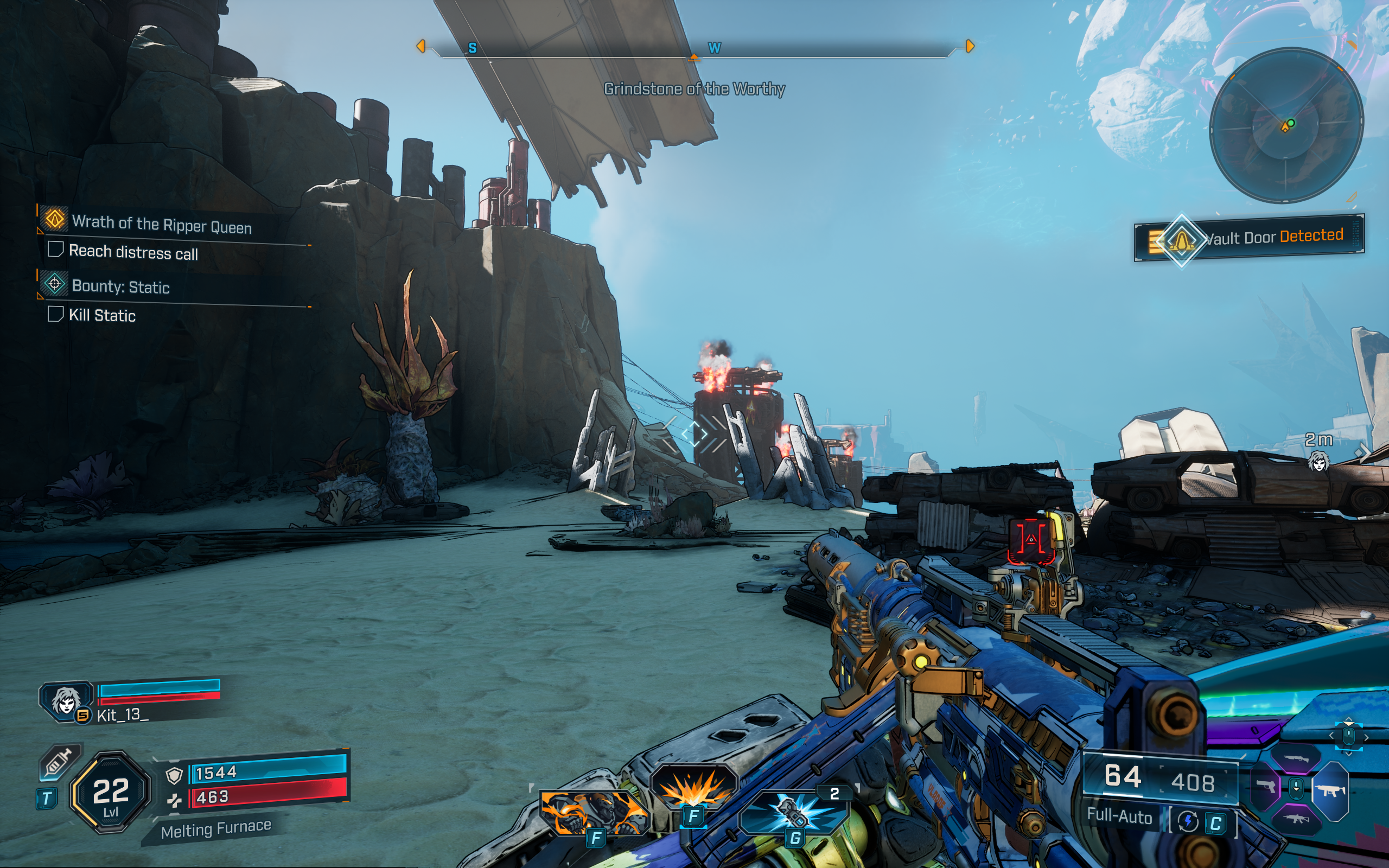 Borderlands 4 vault key fragment locations: A screenshot displaying the Carcadia Burn vault door in a sandy plain.