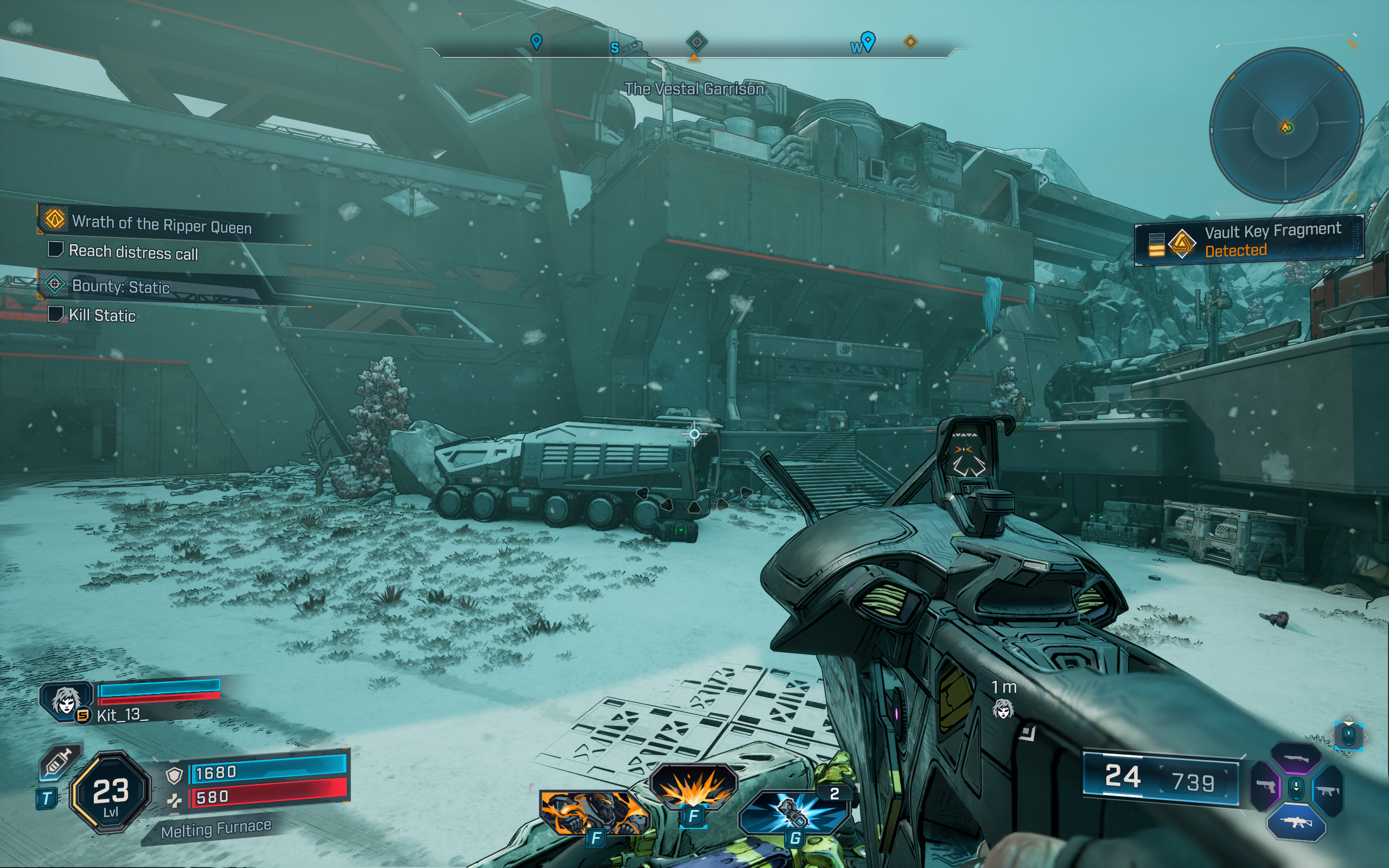 Borderlands 4 vault key fragment locations: A screenshot showing a door to the Vestal Garrison in the distance of a snow-covered road.