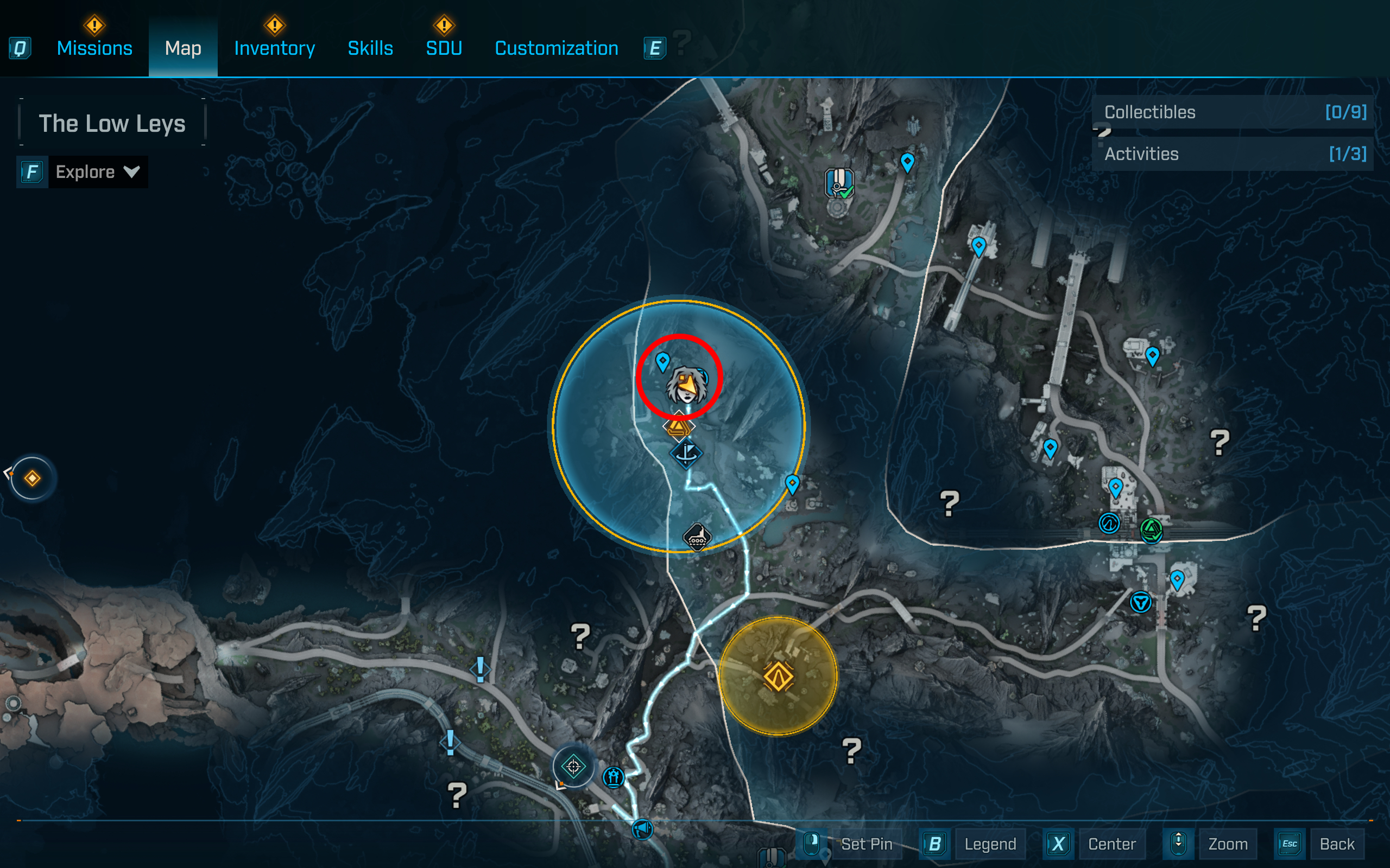 Borderlands 4 vault key fragment locations: A map with a red circle highlighting the fragment in The Low Leys, Terminus Range.