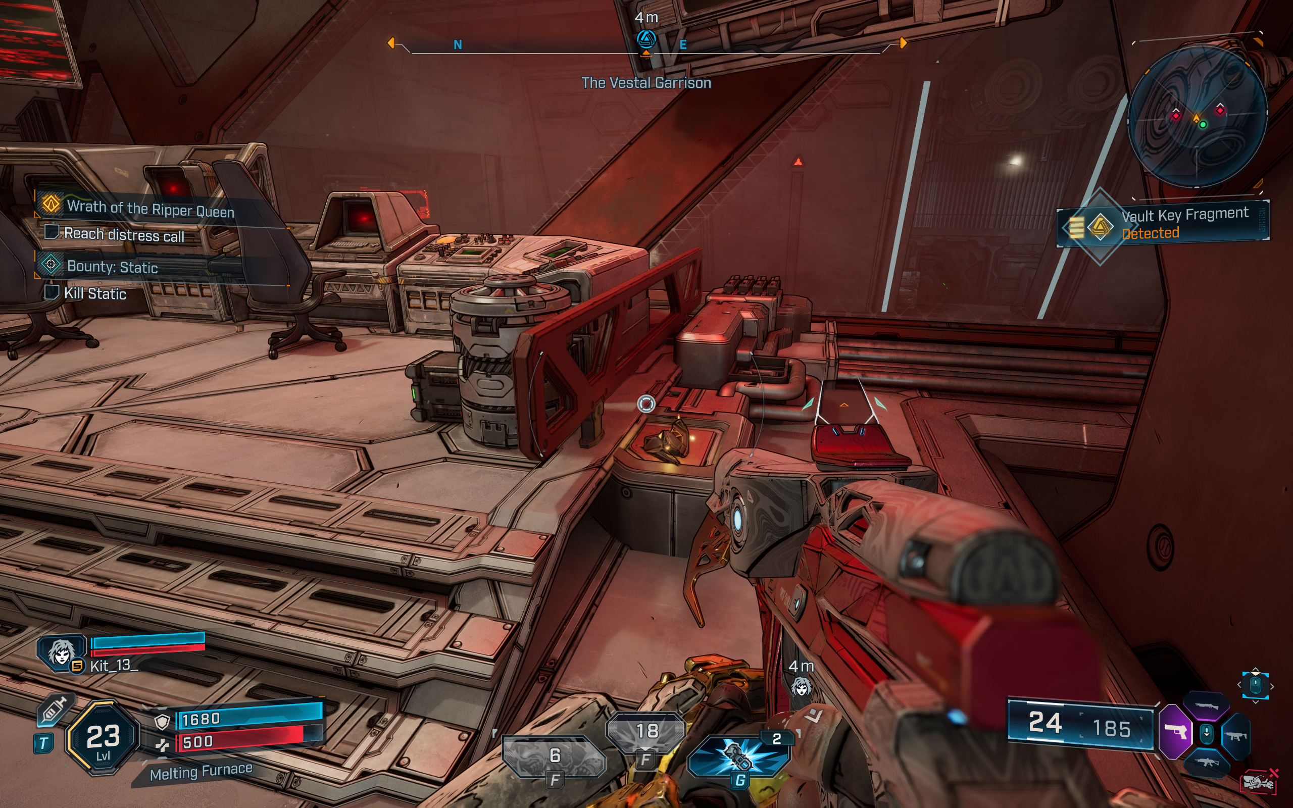 Borderlands 4 vault key fragment locations: A screenshot showing a fragment on a box inside the Vestal Garrison.