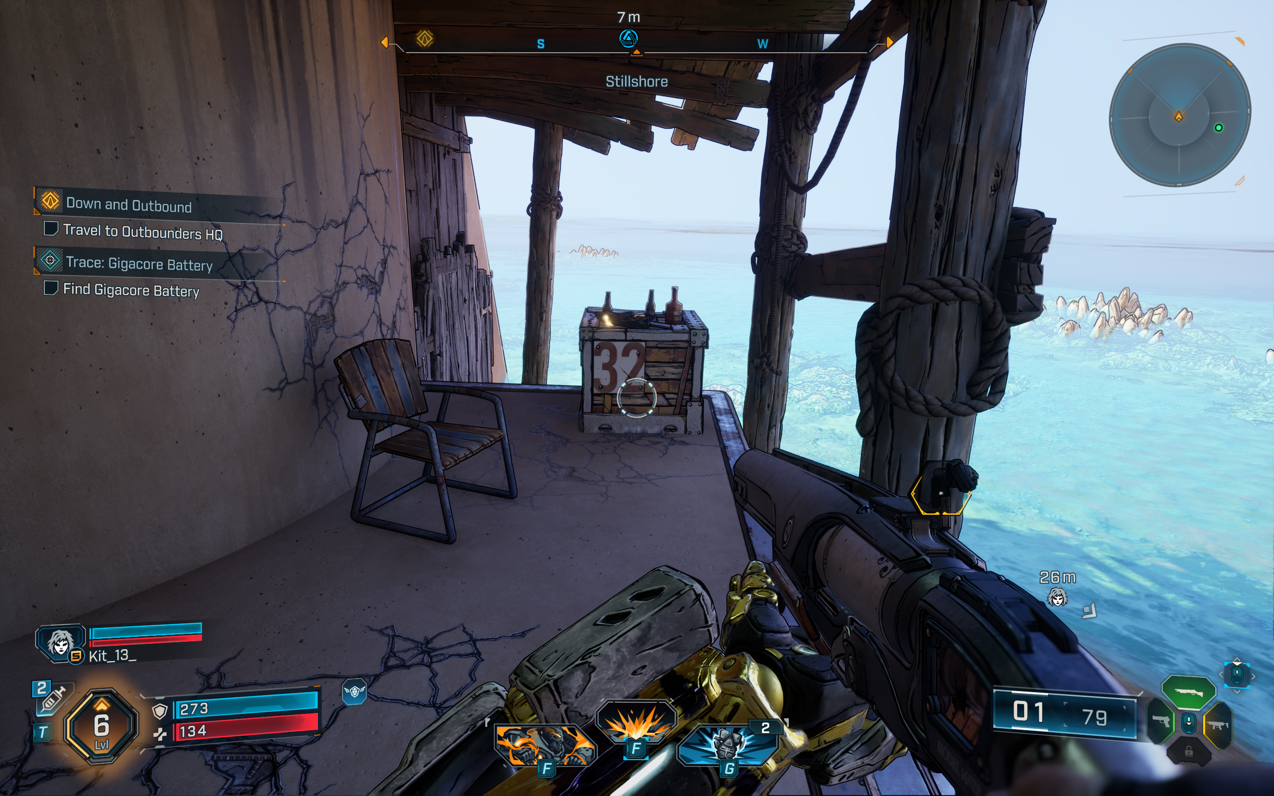 Borderlands 4 vault key fragment locations: A screenshot showing a fragment on a box near the sea.