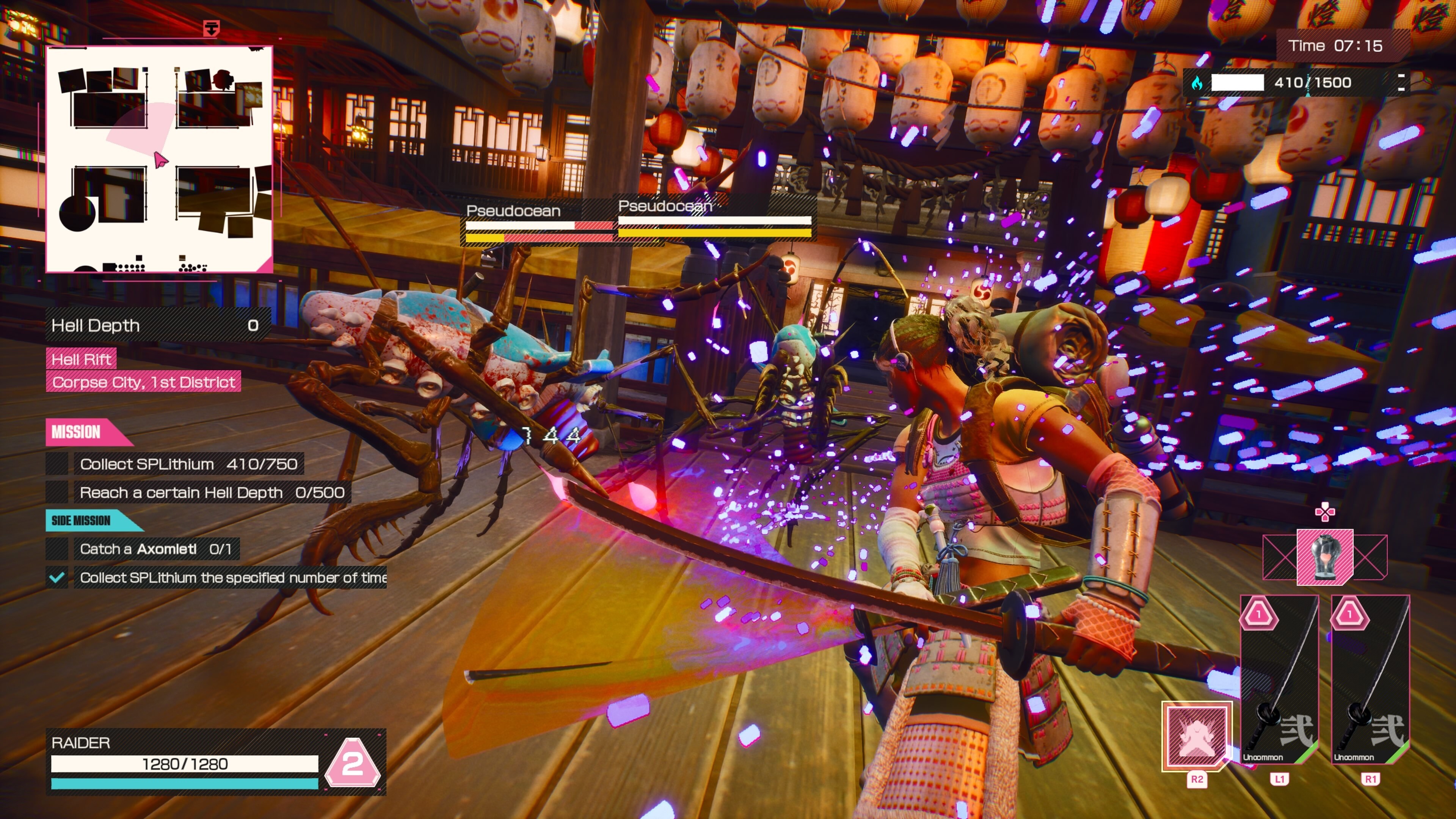 A battle against giant shrimp creatures in Let It Die: Inferno.