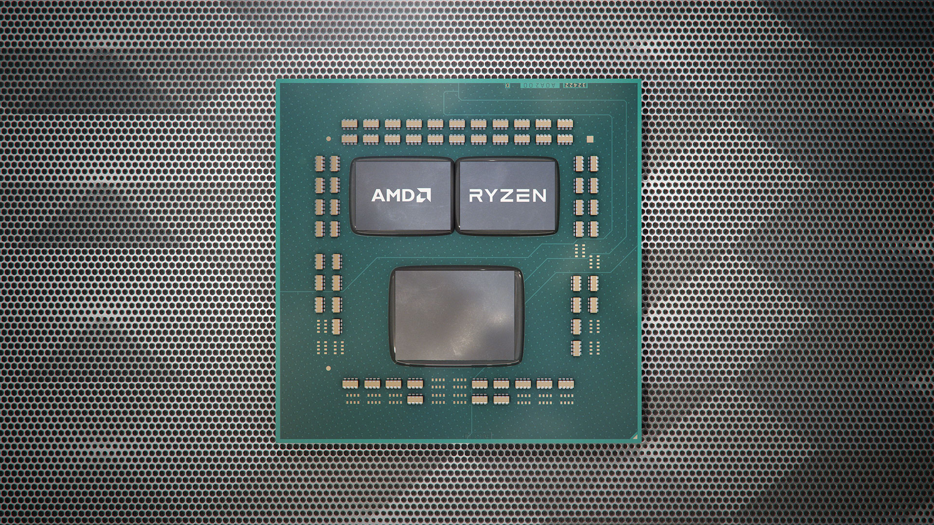 A promotional image showing a stylized render of an AMD Ryzen 3000 series processor without a heatspreader, showing two CCD chiplets and one IOD chiplet.