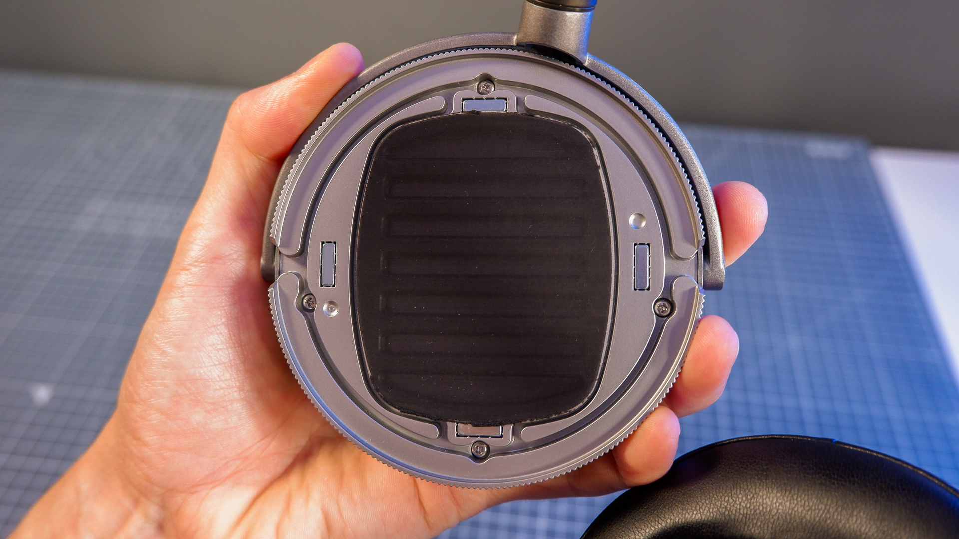 Audeze LCD-S20 gaming headset on a desk with the planar magnetic drivers on show.