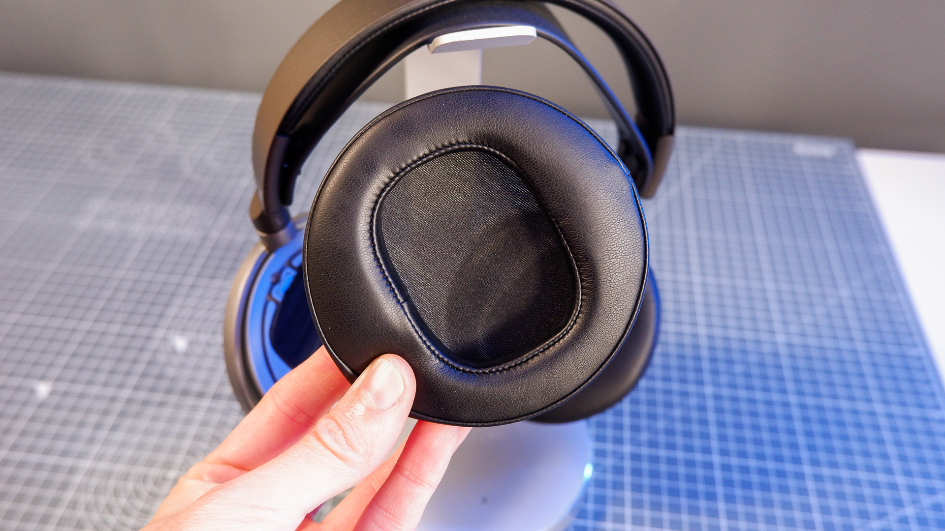 Audeze LCD-S20 gaming headset on a desk with the planar magnetic drivers on show.
