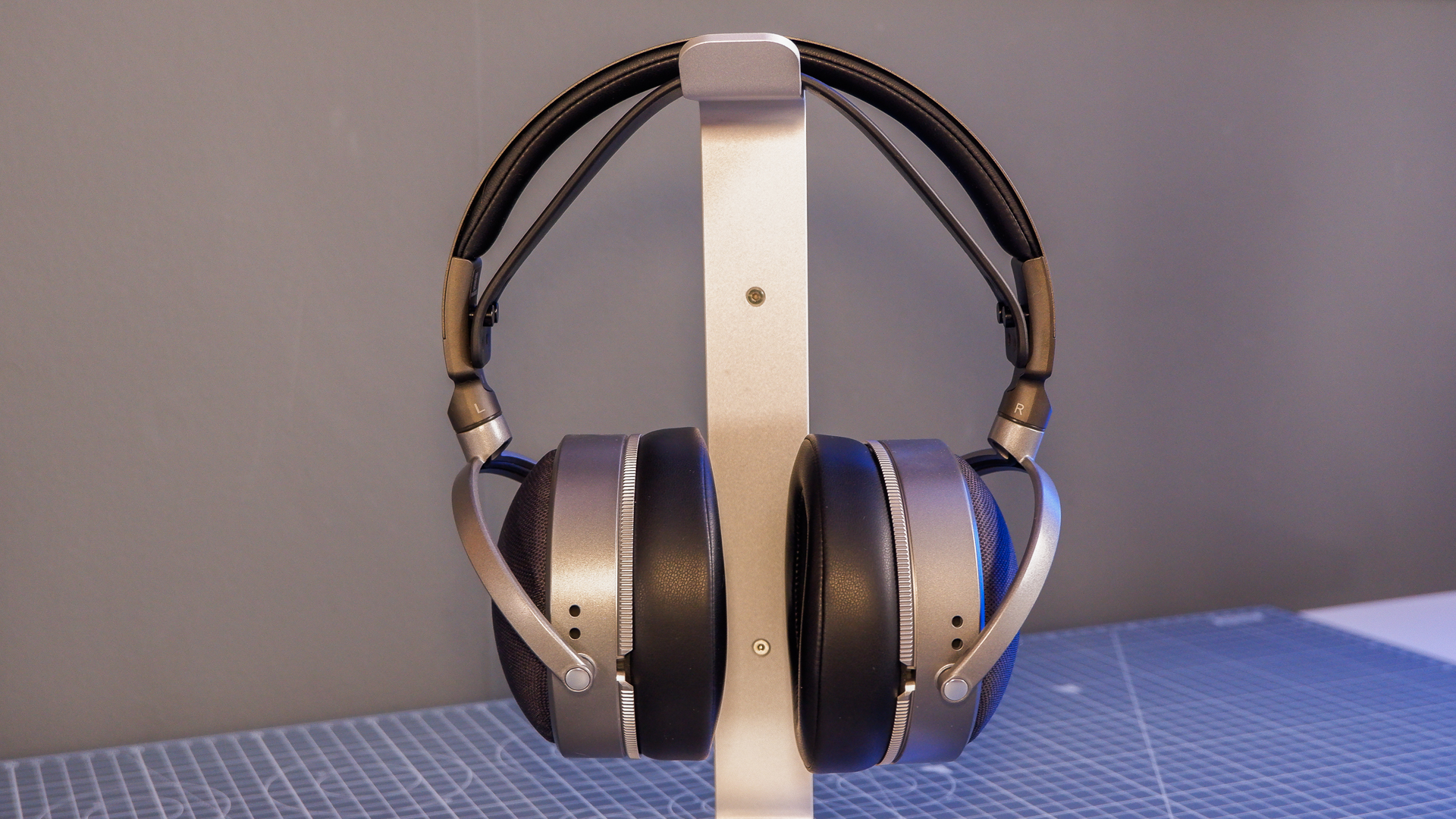 Audeze LCD-S20 gaming headset on a desk with the planar magnetic drivers on show.