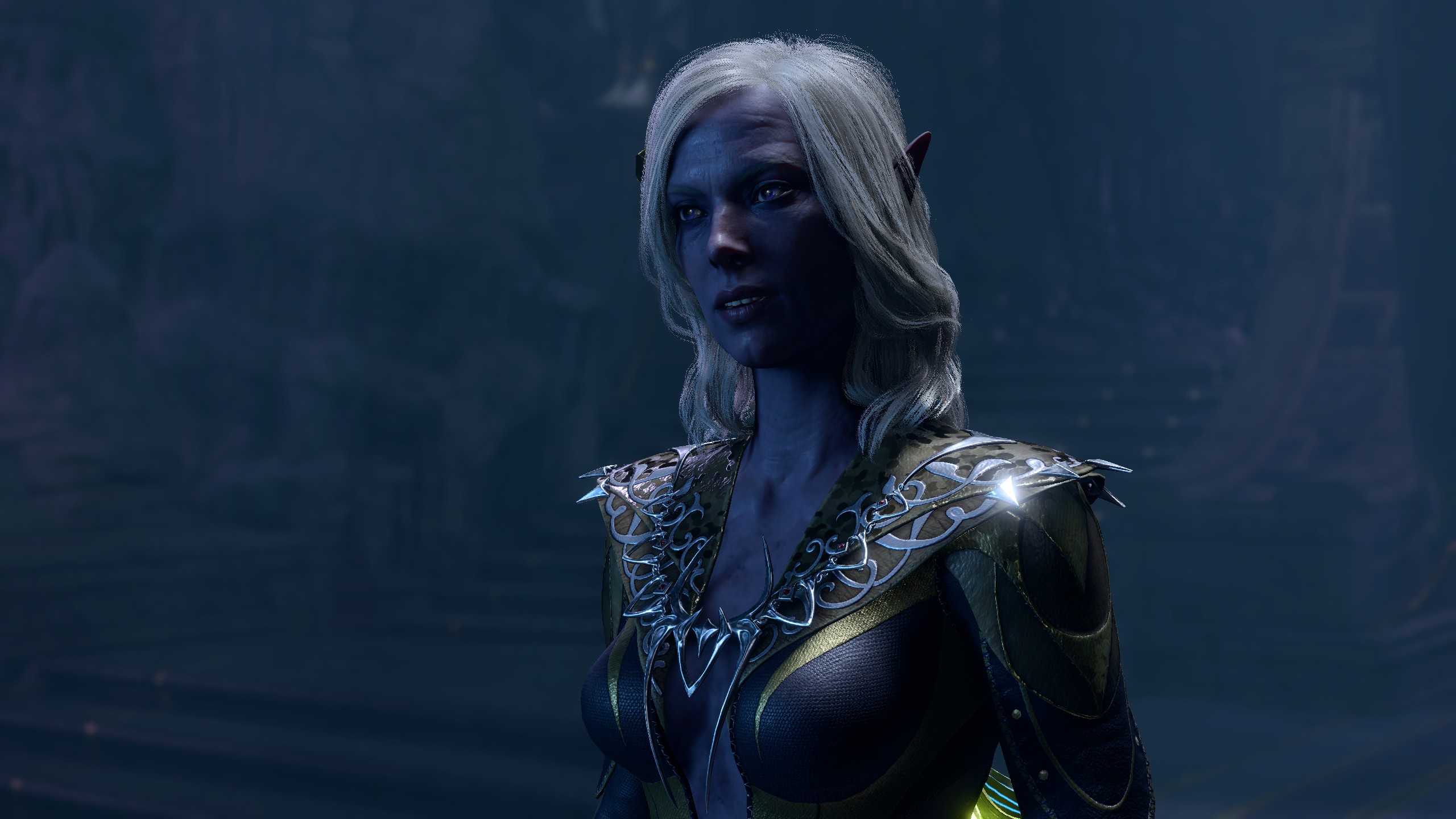 Dark Elf Viconia in dark environment in Baldur's Gate 3