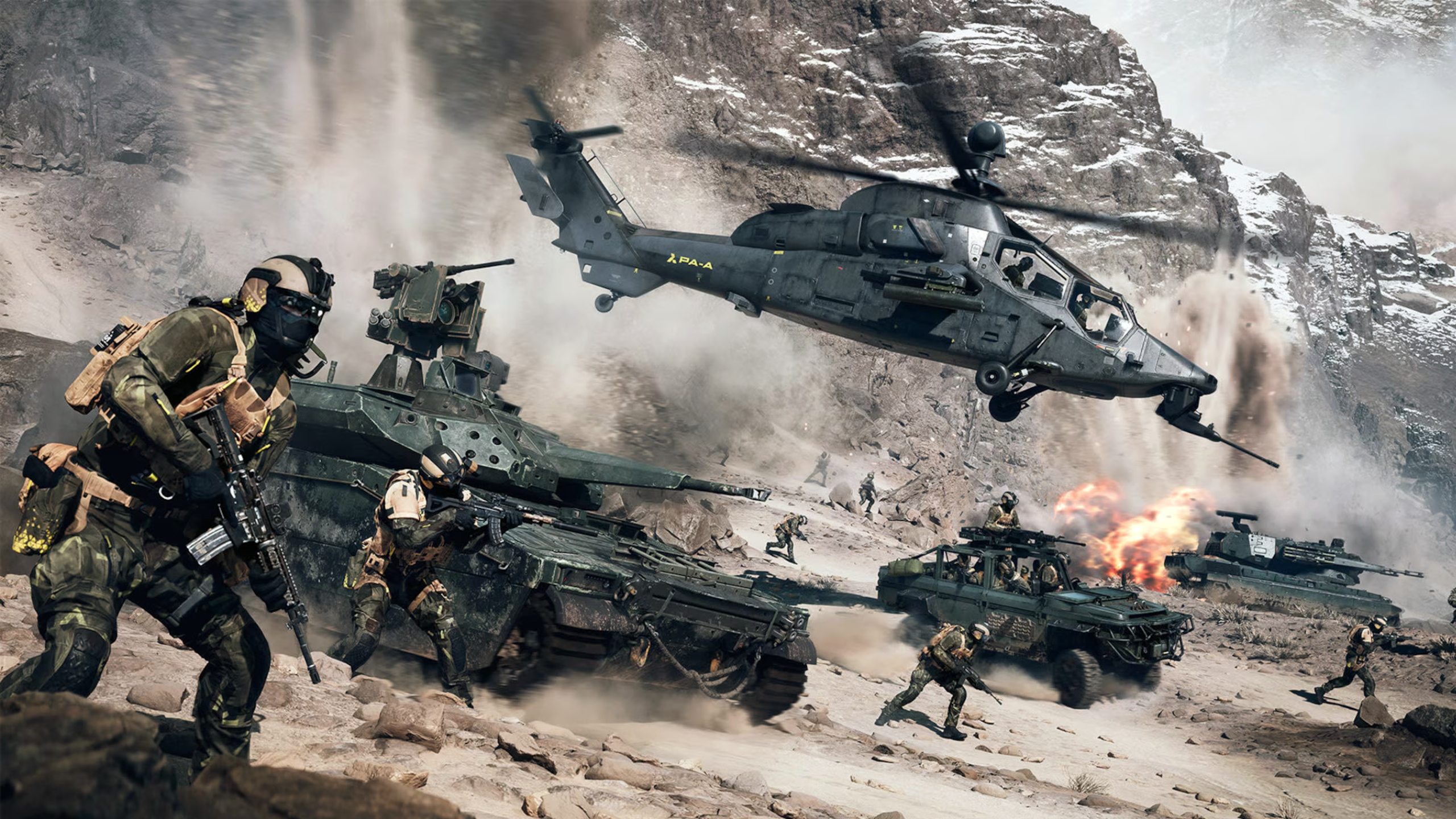 Battlefield 6 War Tapes VAL: Key art showing various soldiers, tanks, jeeps, and a helicopter moving to the right of the image as explosions hit the ground nearby.