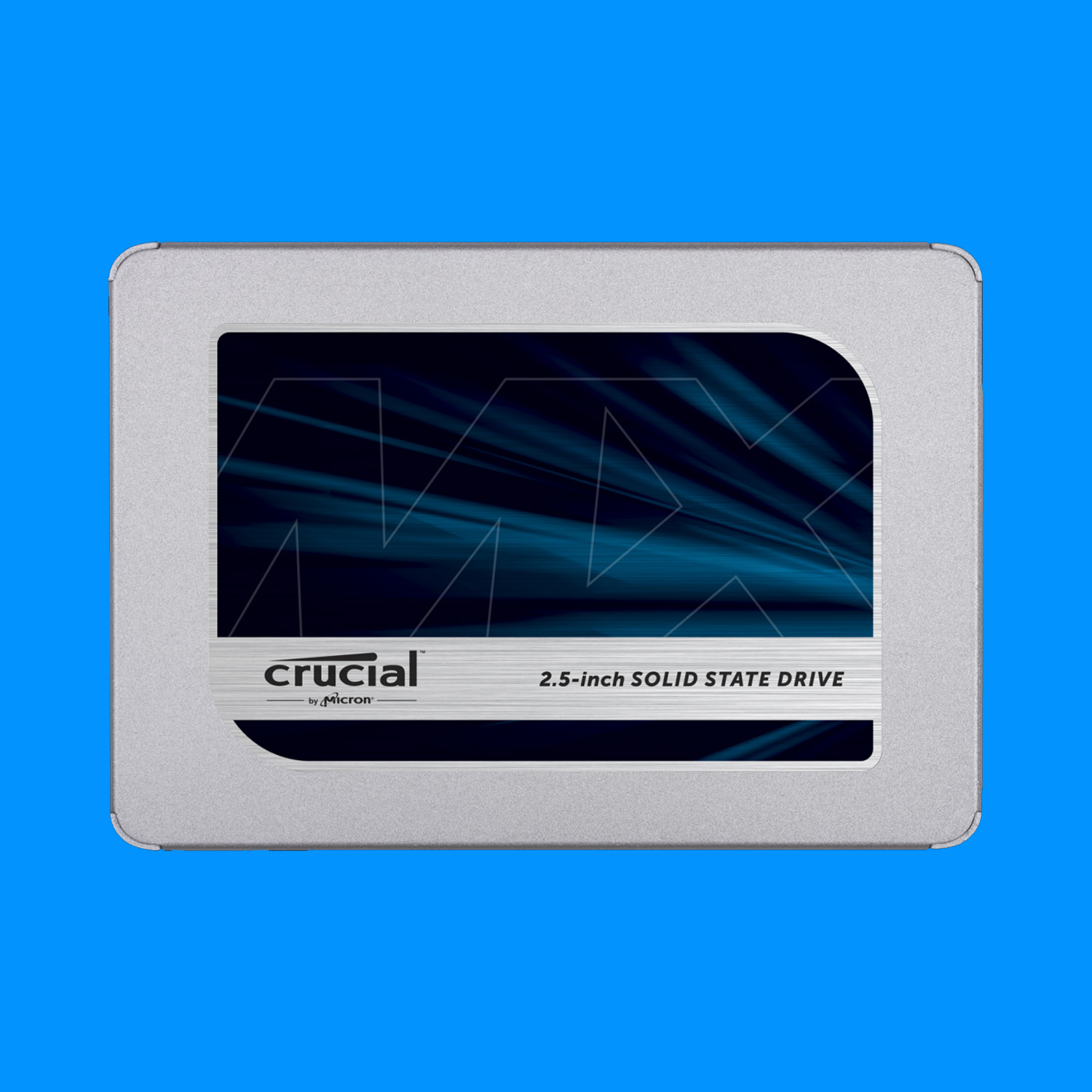 A SATA SSD on a blue background.