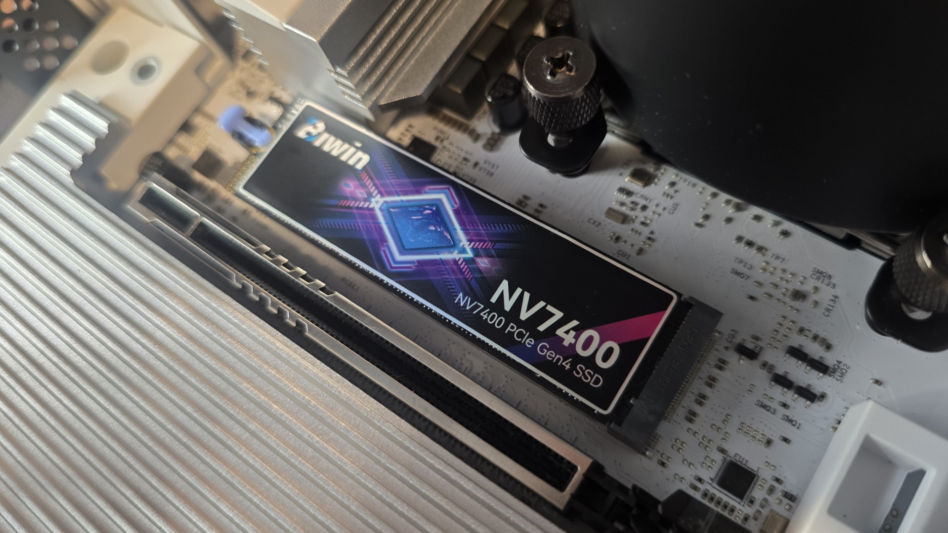 The Biwin Black Opal NV7400 SSD out of its packaging and installed in a PC.