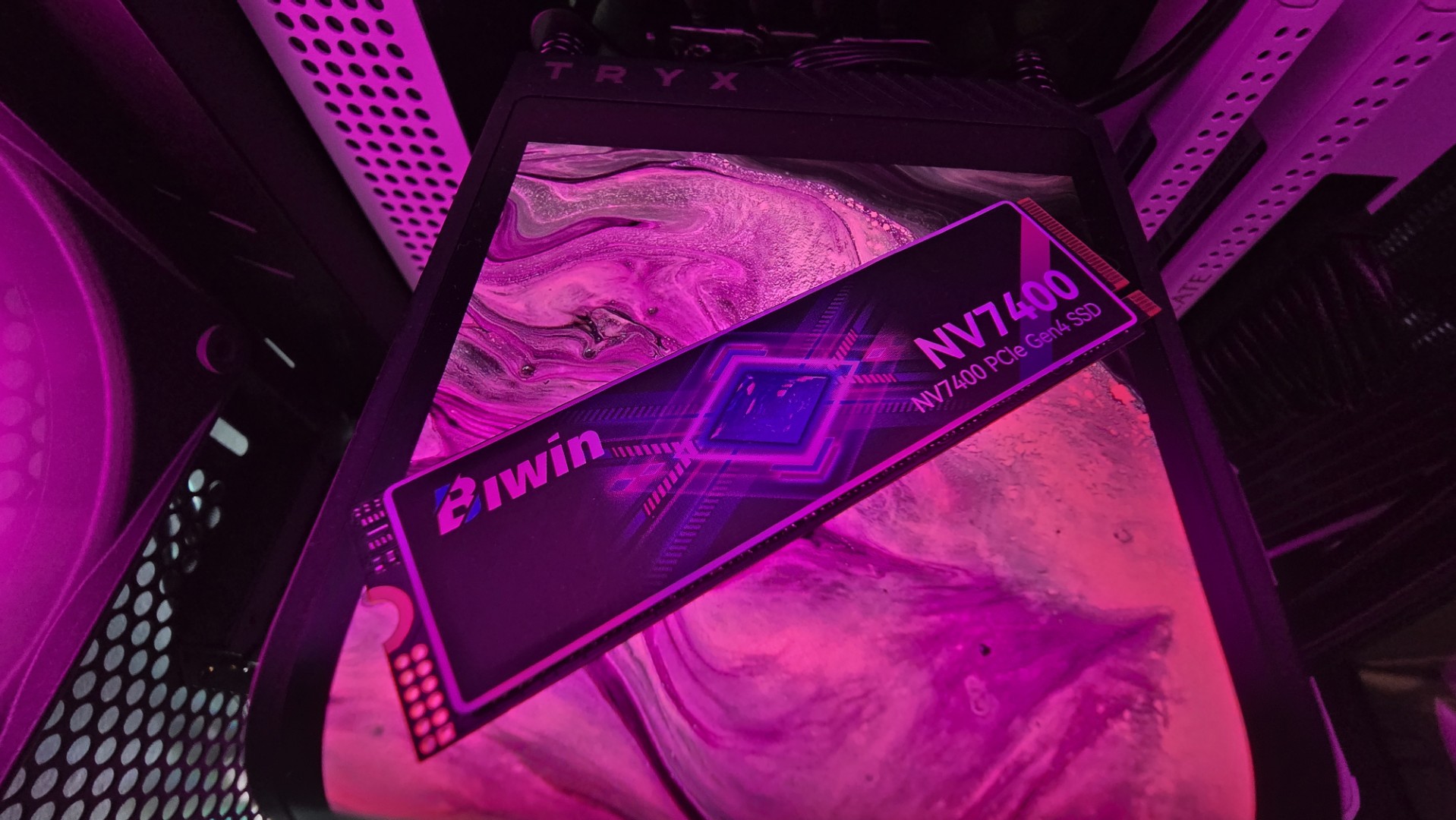 The Biwin Black Opal NV7400 SSD out of its packaging and installed in a PC.