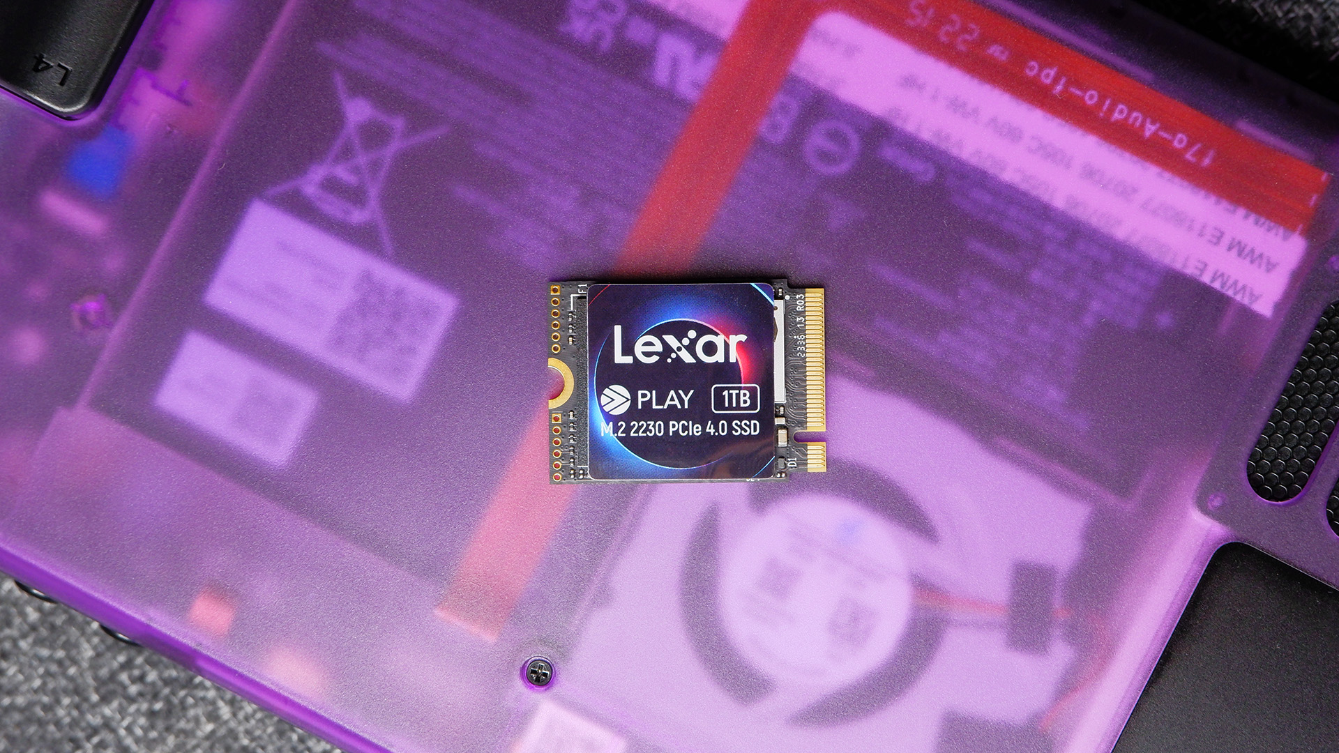 Lexar Play 2230 1TB SSD on top of a Steam Deck.
