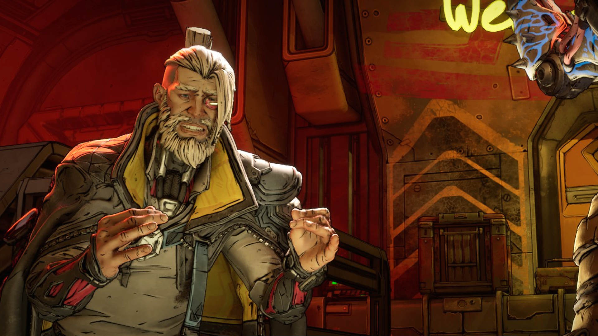 Zane, from Borderlands 4, pinches his fingertips expressively as he tries to communicate something so someone off screen.