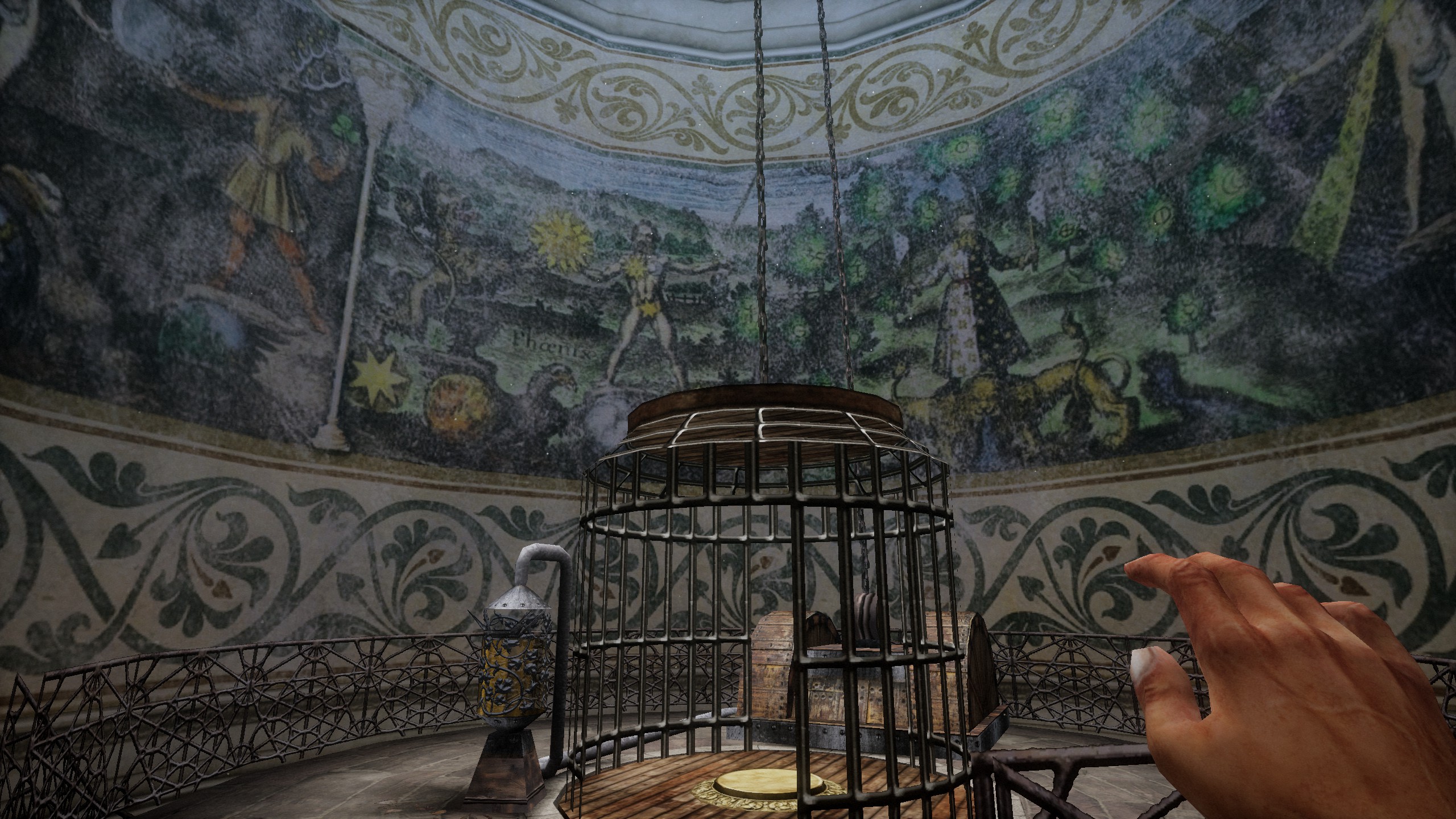 cage elevator in room with intricate paintings