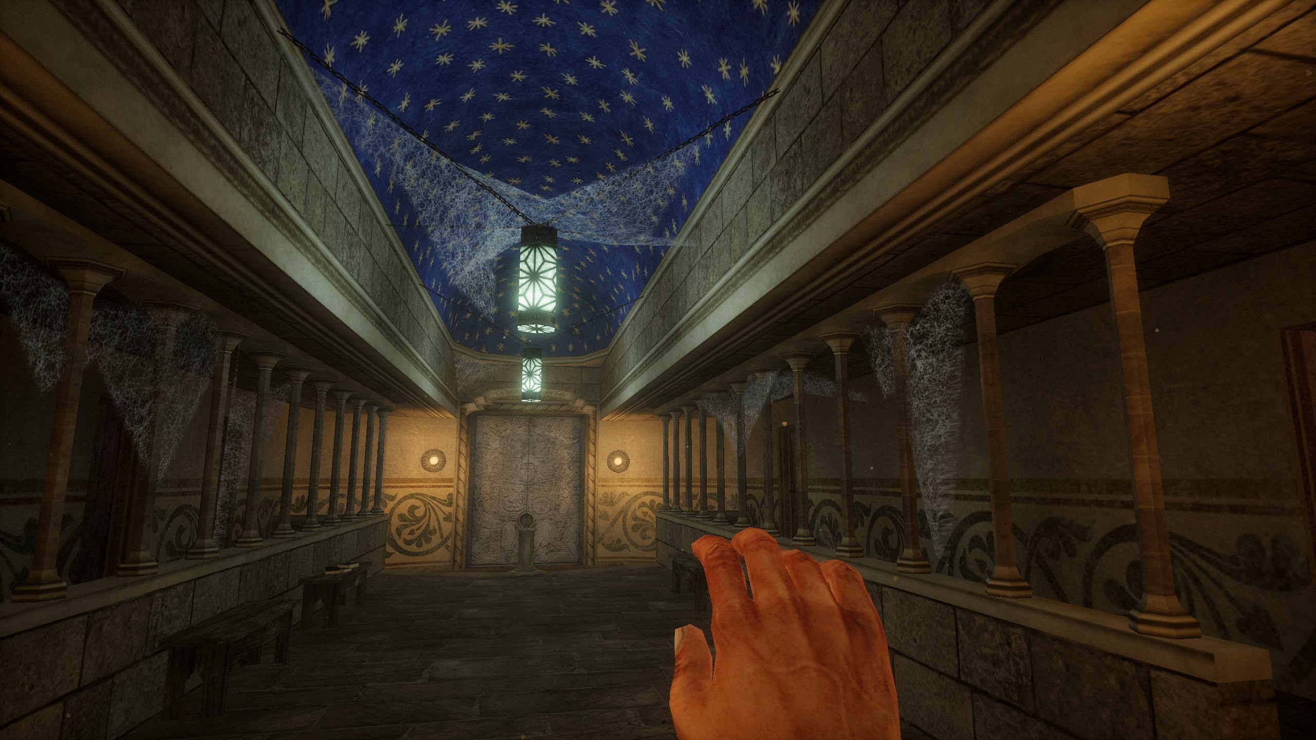 Colonnade room with blue painted ceiling and stars