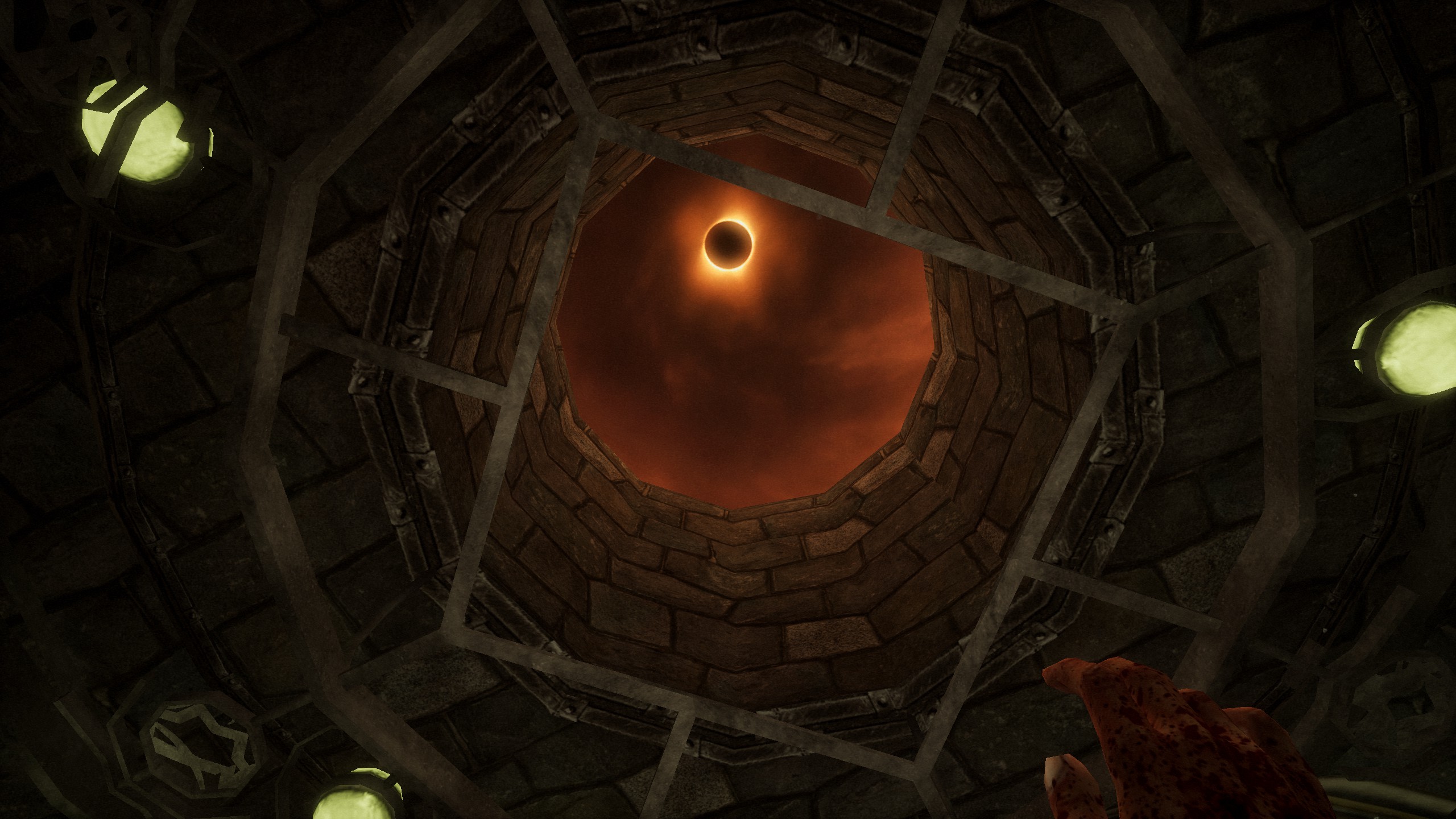 looking up through well at haunting eclipse