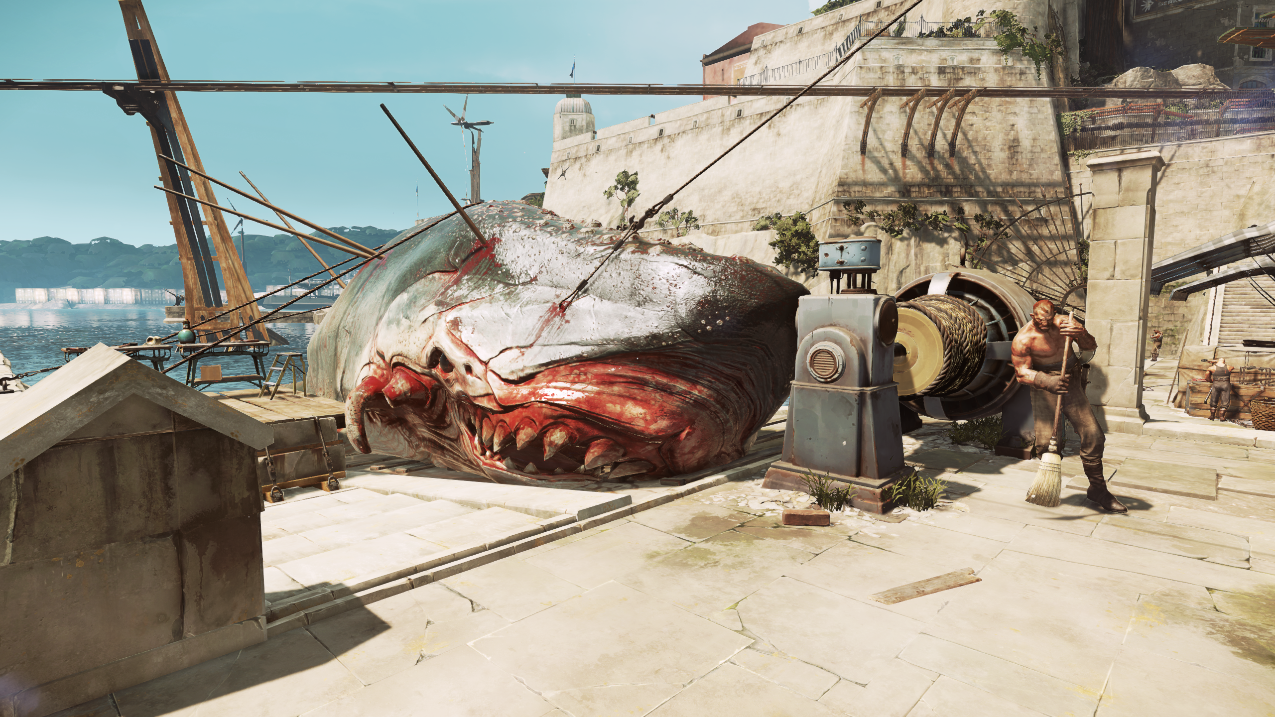 A dead whale full of harpoons