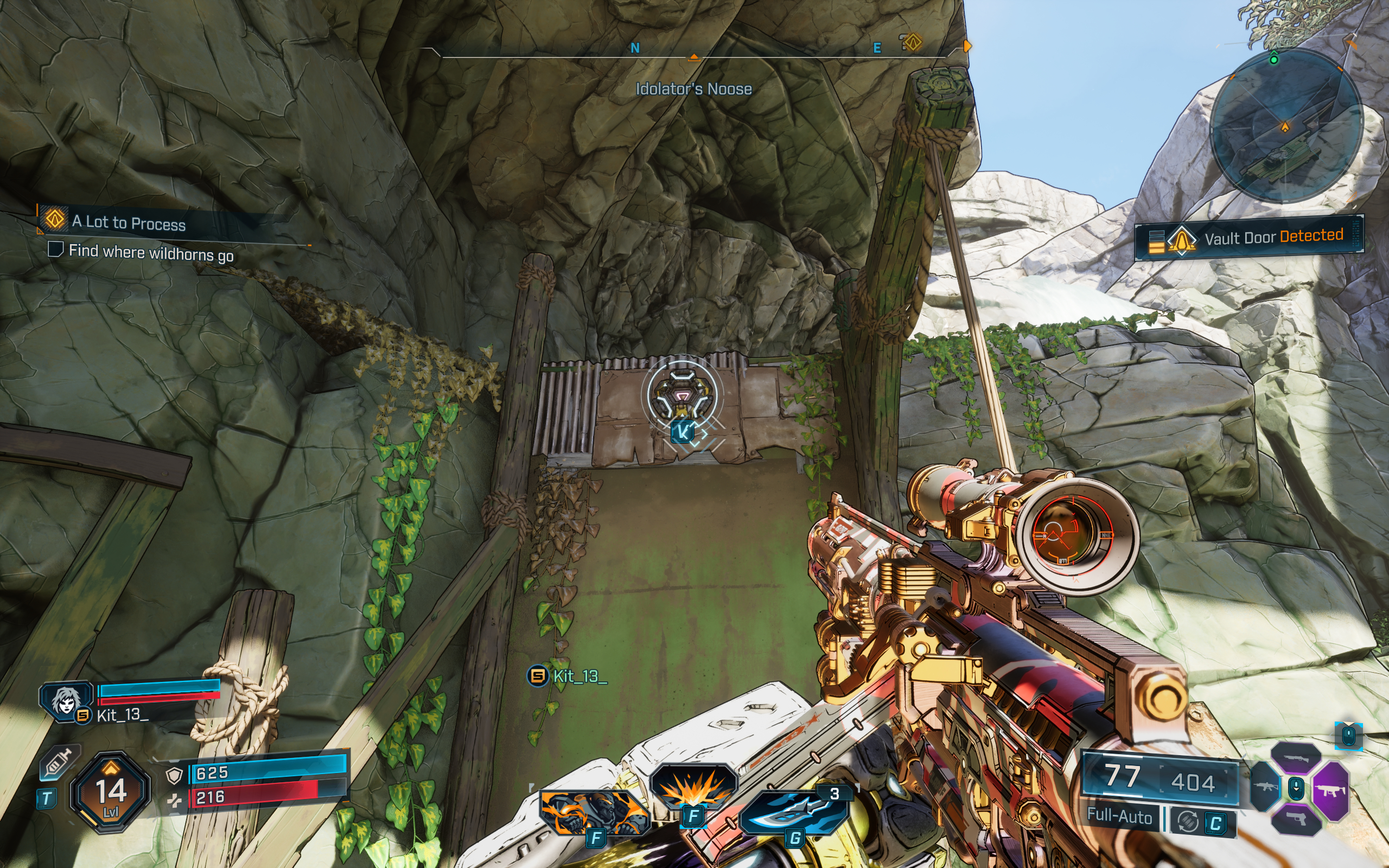 Borderlands 4 grappling hook view tilt: Holding an SMG while looking at a grappling hook point on a rock wall.