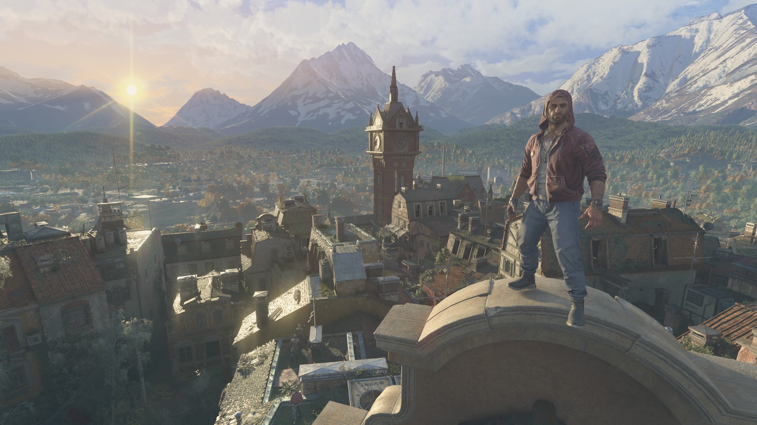 Kyle Crane on the roof in a small town