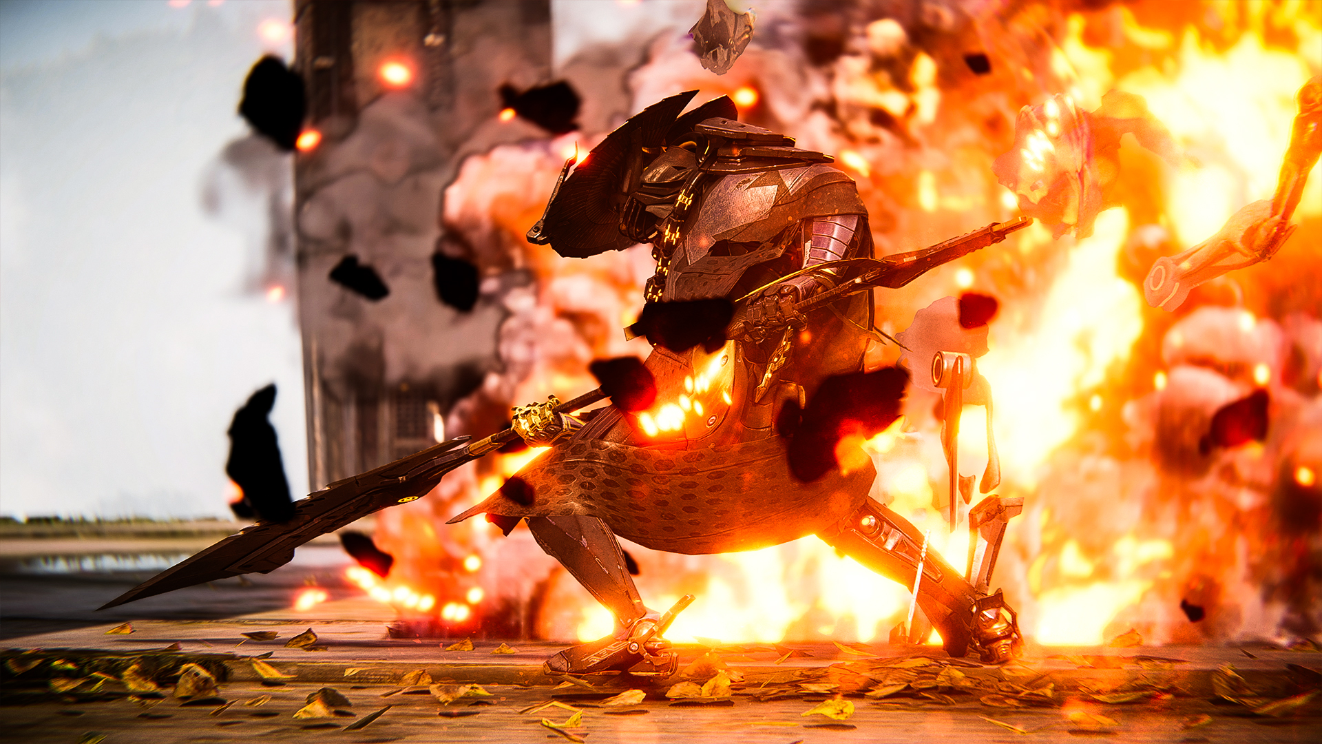 a metalic samurai in front of a wall of fire