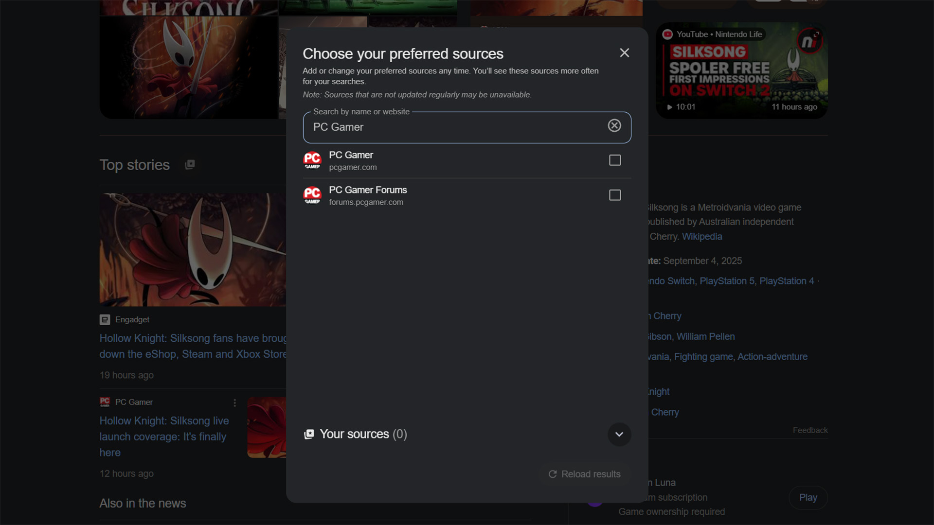A screenshot of the Google Preferred Sources window with PC Gamer selected, over the top of a Google Search for Hollow Knight: Silksong.