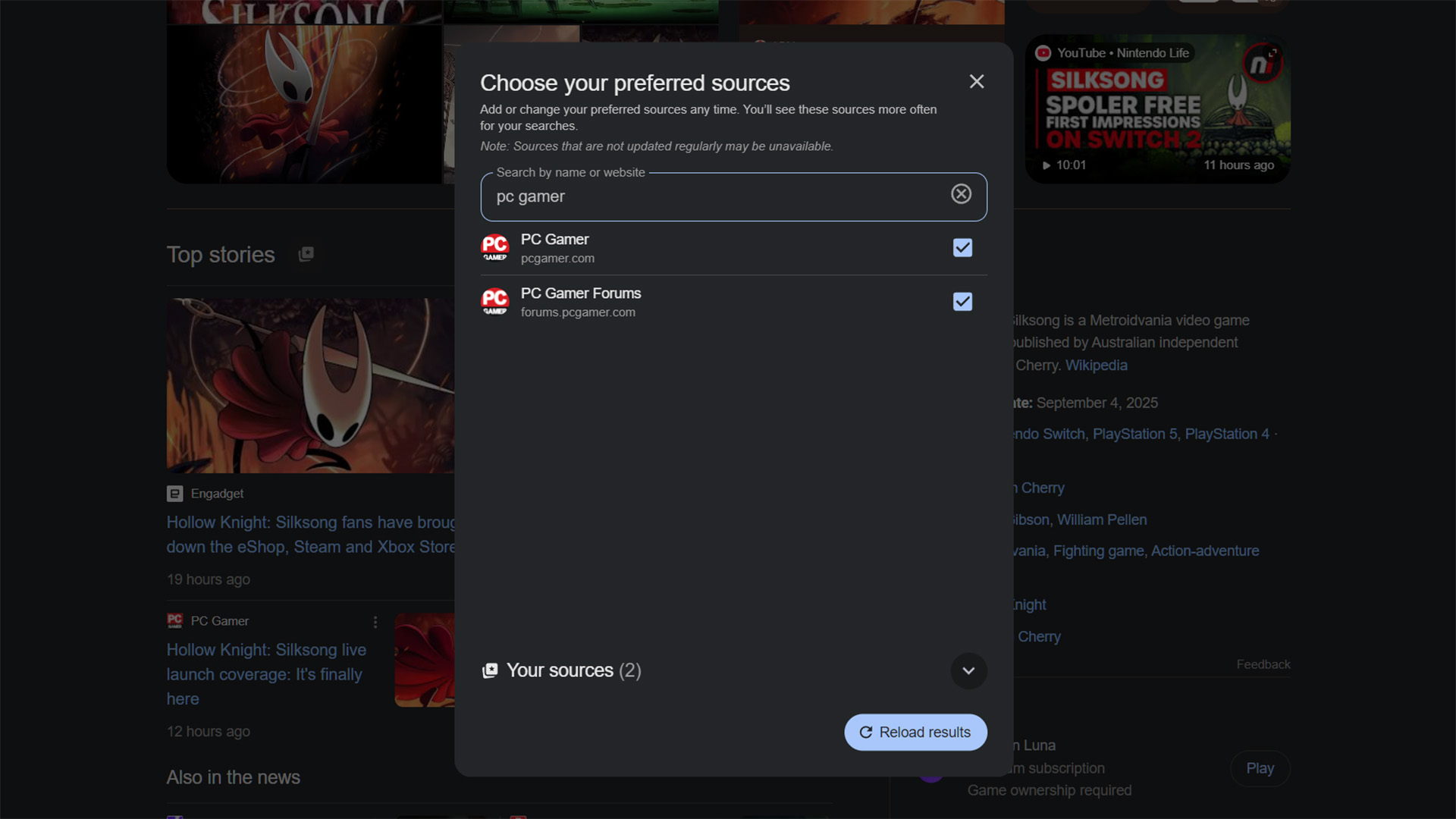 A screenshot of the Google Preferred Sources window with PC Gamer selected, over the top of a Google Search for Hollow Knight: Silksong.